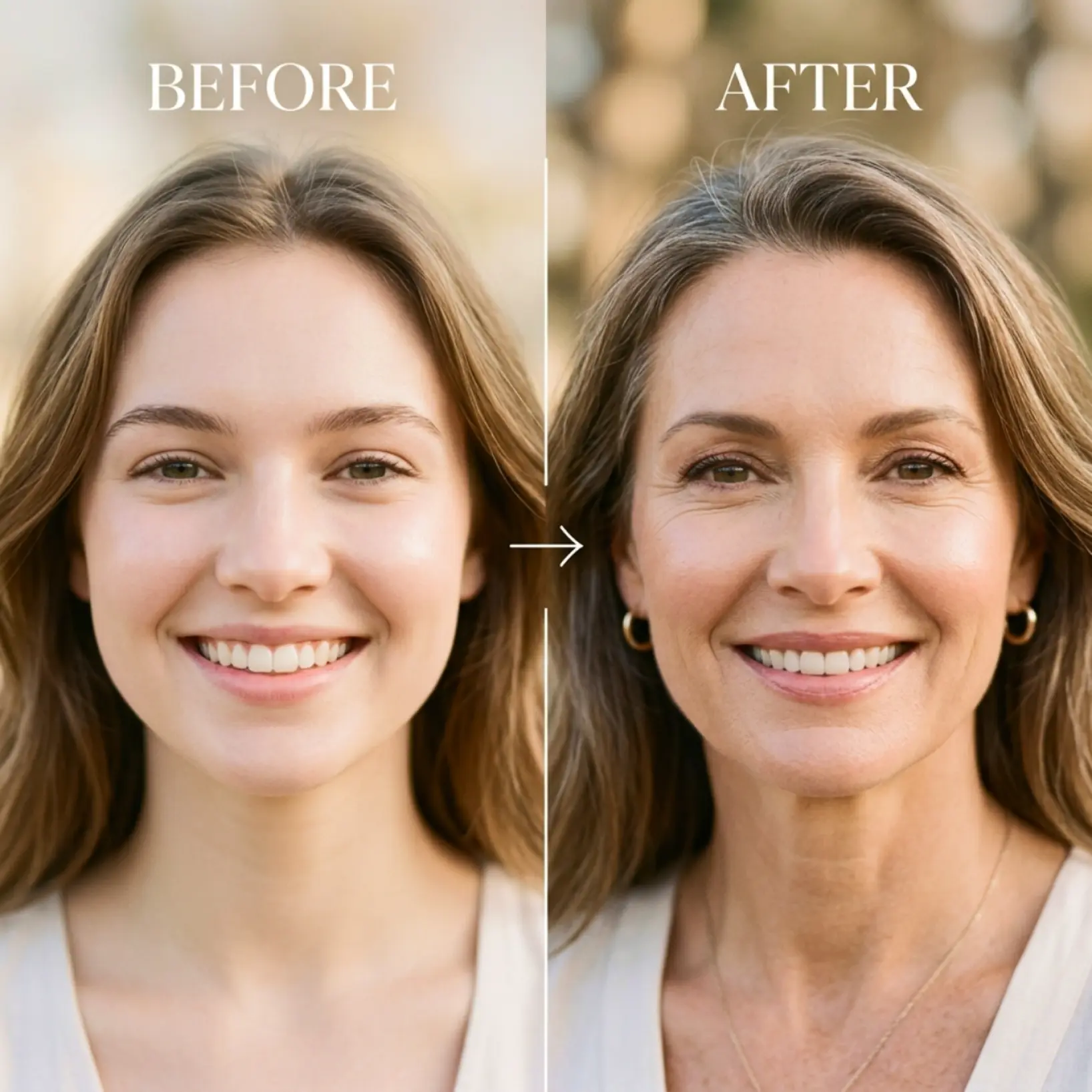 Side-by-side AI age progression showing a young girl transformed into a smiling adult woman using the Lift face aging tool
