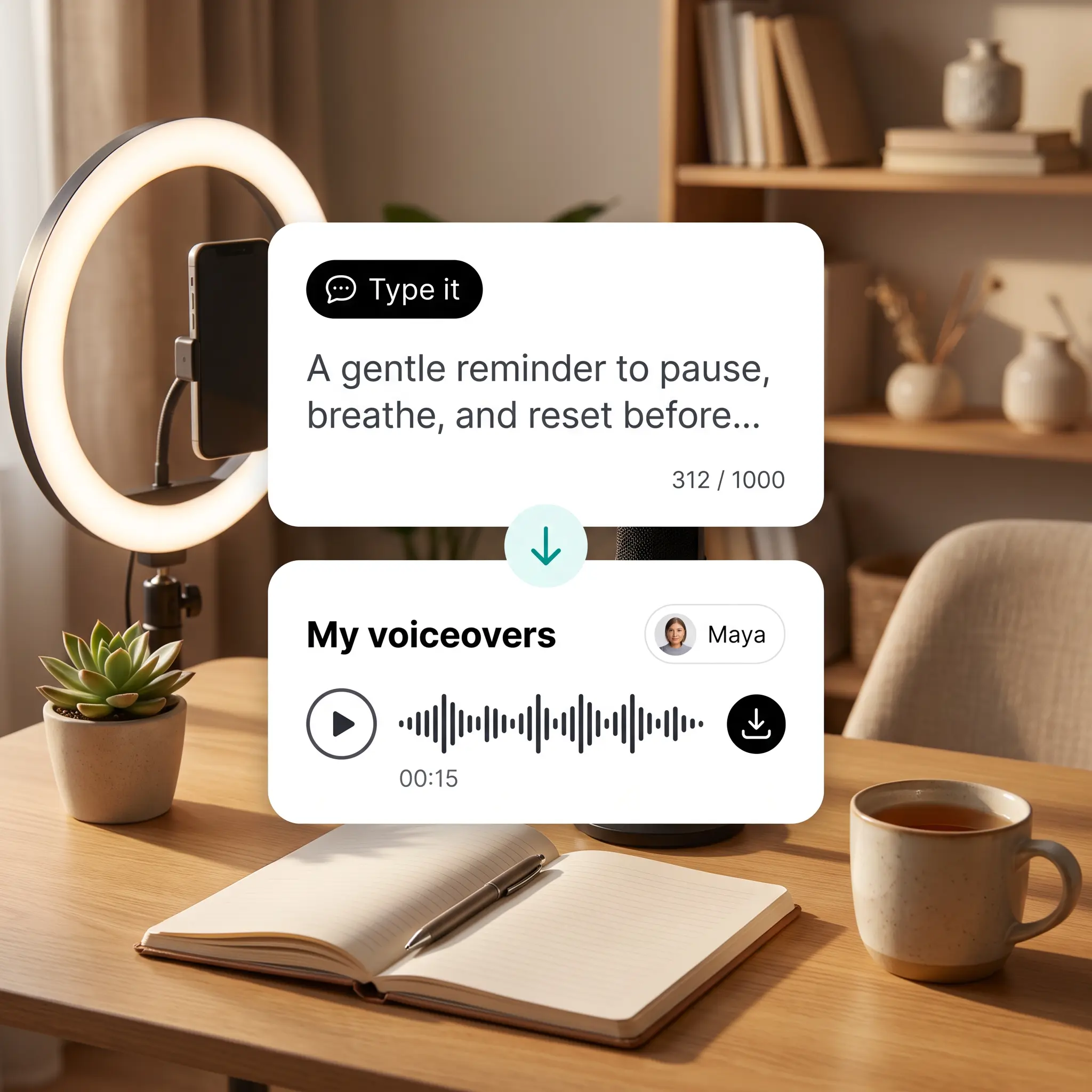 Lift AI voice generator turning a typed script into a ready voiceover