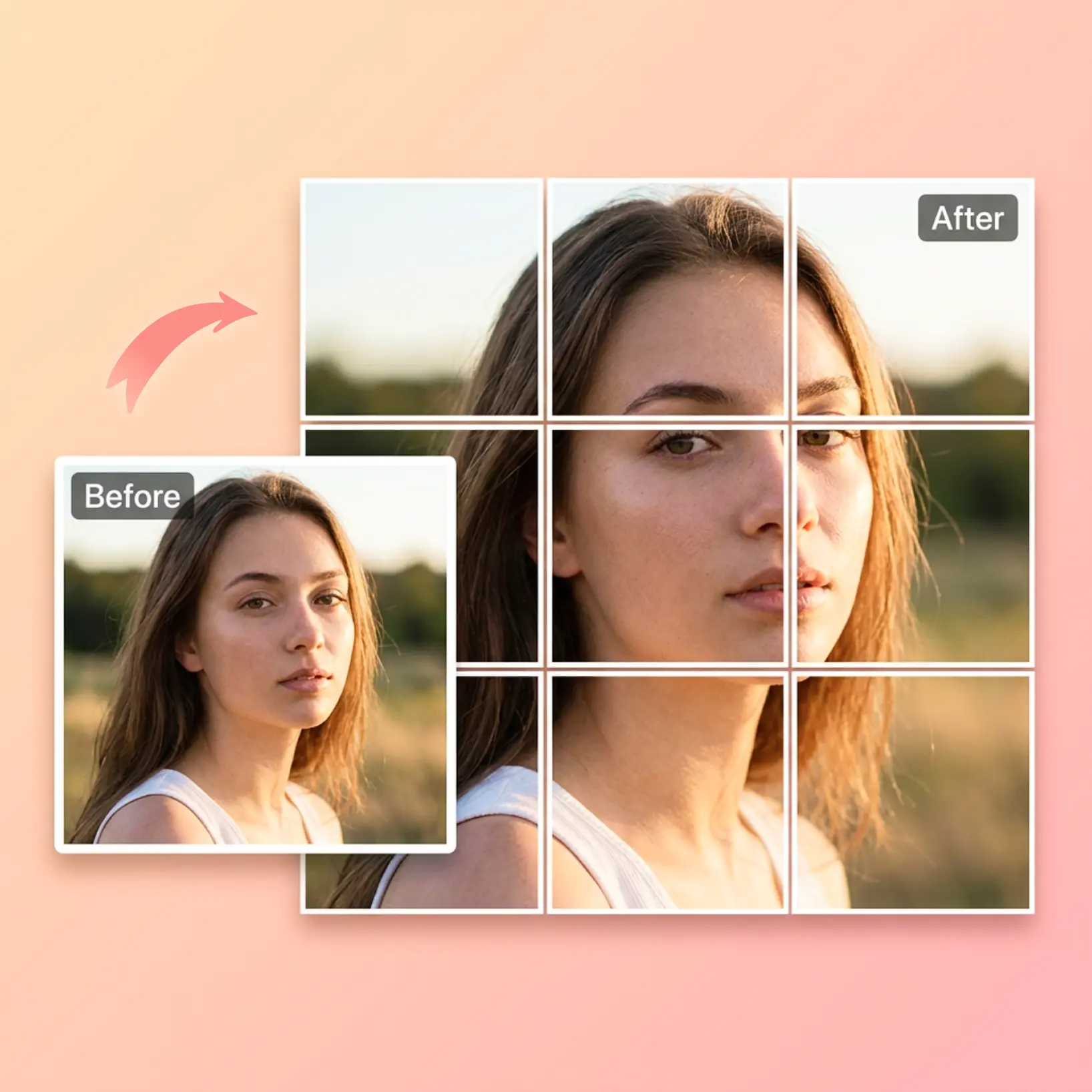 Example of how Lift Image Splitter divides a photo into equal grid tiles ready for download
