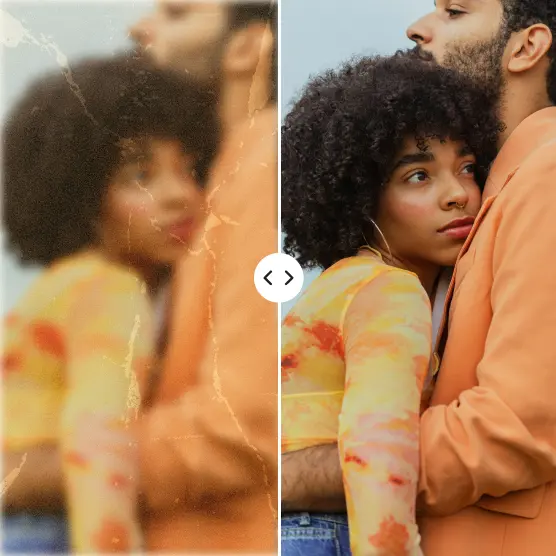 AI photo enlarger Blurry photo of a couple enhanced to reveal sharp emotion and detail