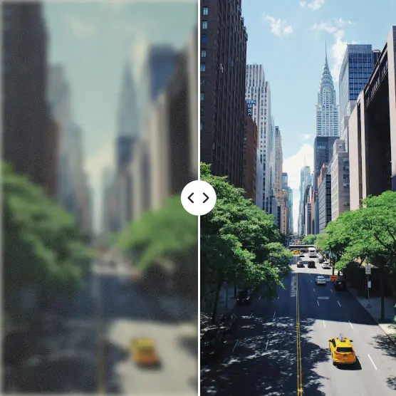 Blurry urban skyline restored to sharp street view with taxis