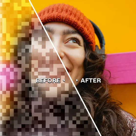 Pixelated and crisp portrait of a smiling woman in headphones