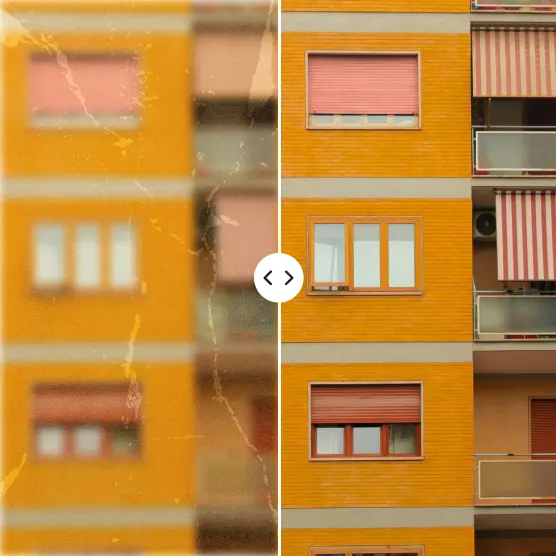Benefit from Image Enlarger Faded apartment facade brought back to vivid, clean definition