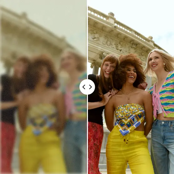 Blurry group of women in front of a building turned crisp and vibrant