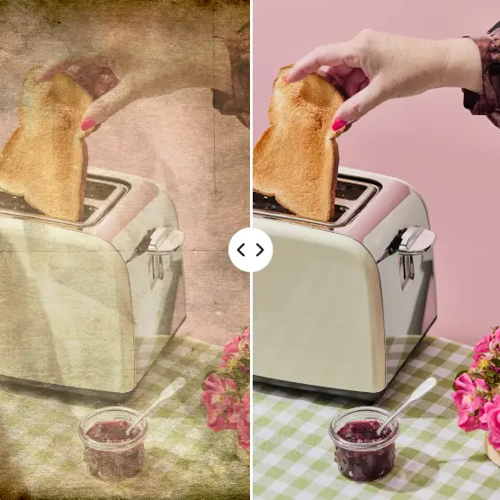 Side-by-side restoration of a hand placing toast into a vintage toaster