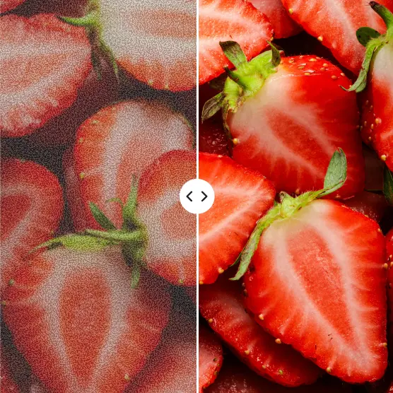 Noisy strawberry photo refined to rich red detail and clarity