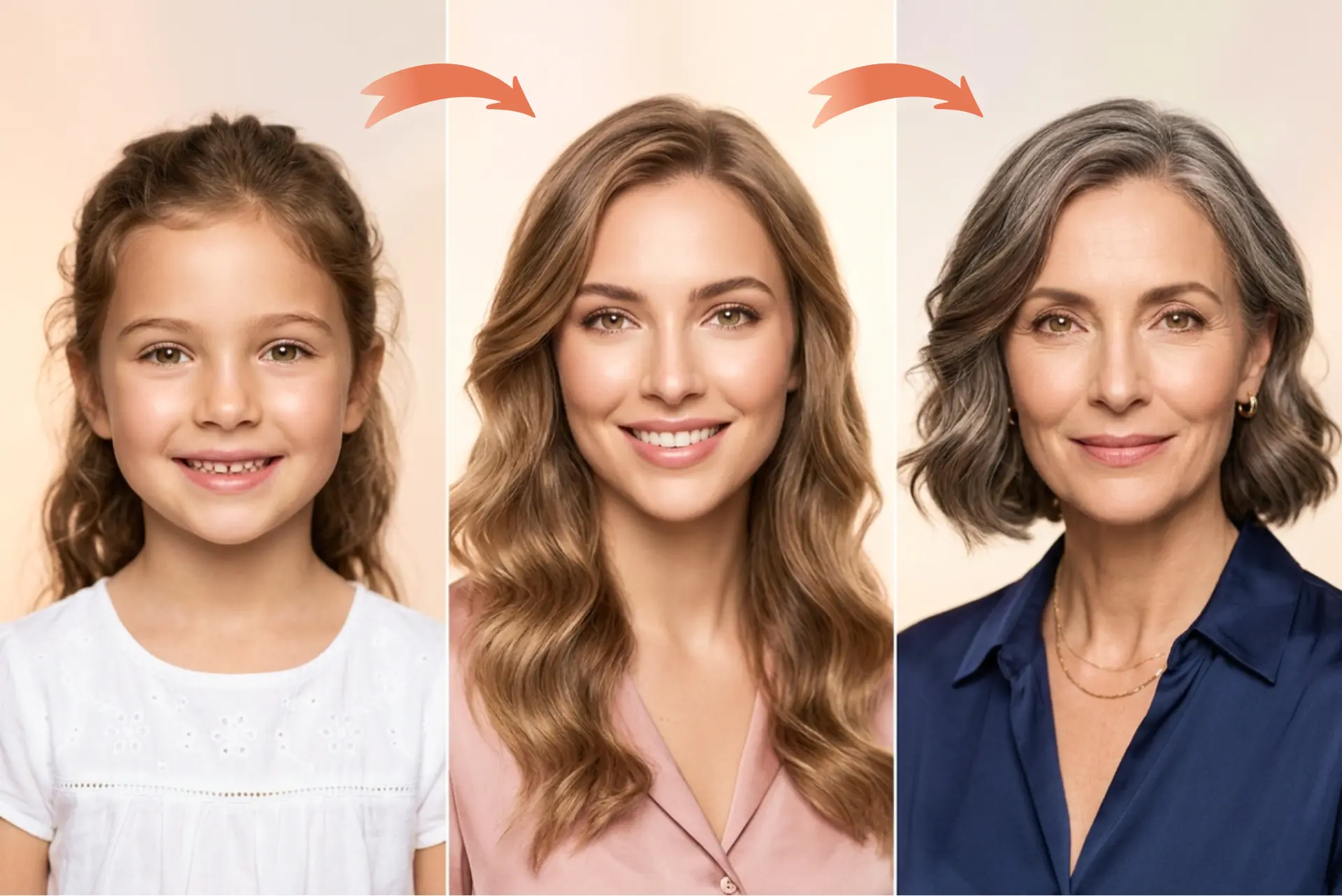 AI age progression showing face transformation across different life stages