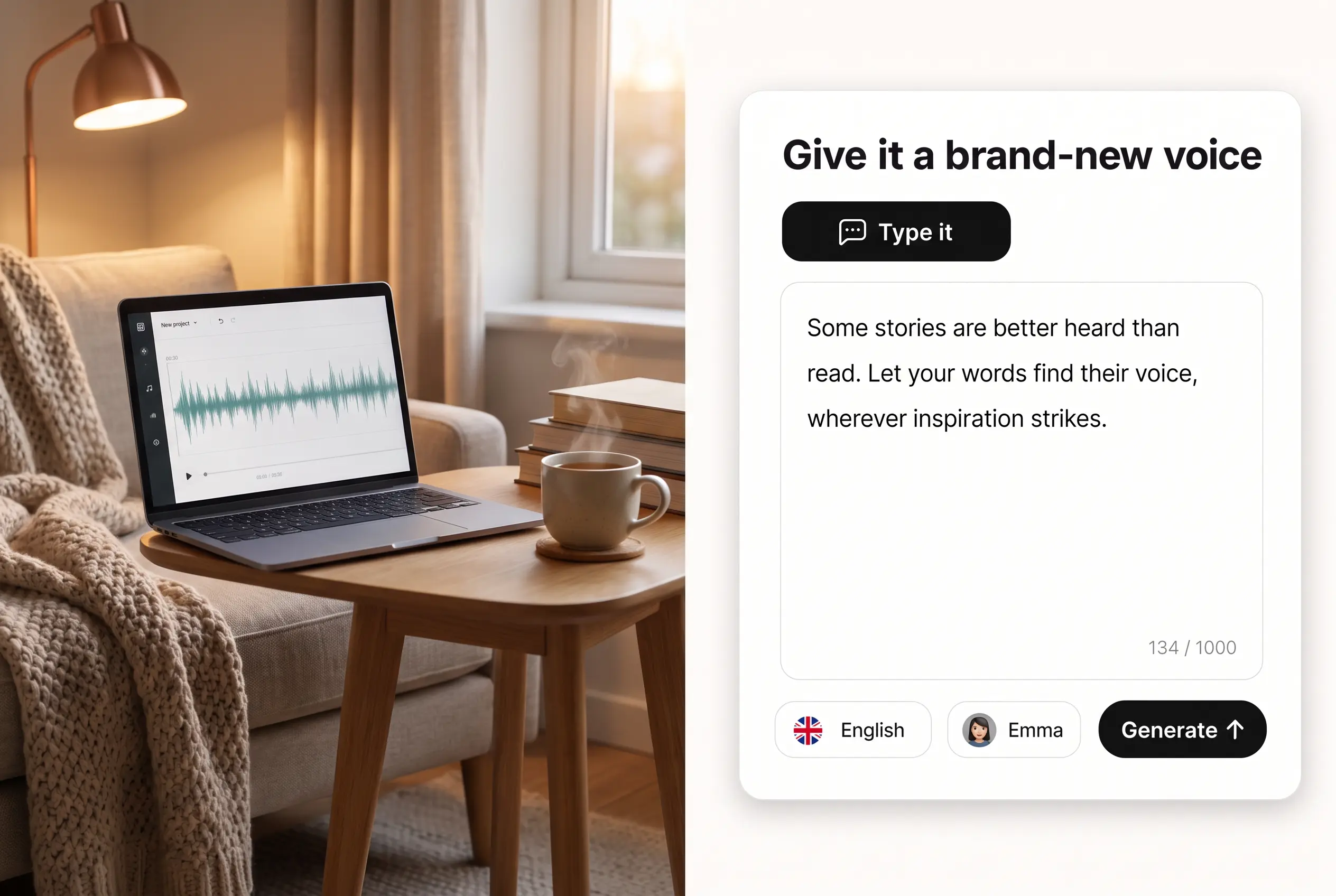 Lift AI voice generator turning a typed script into a ready voiceover