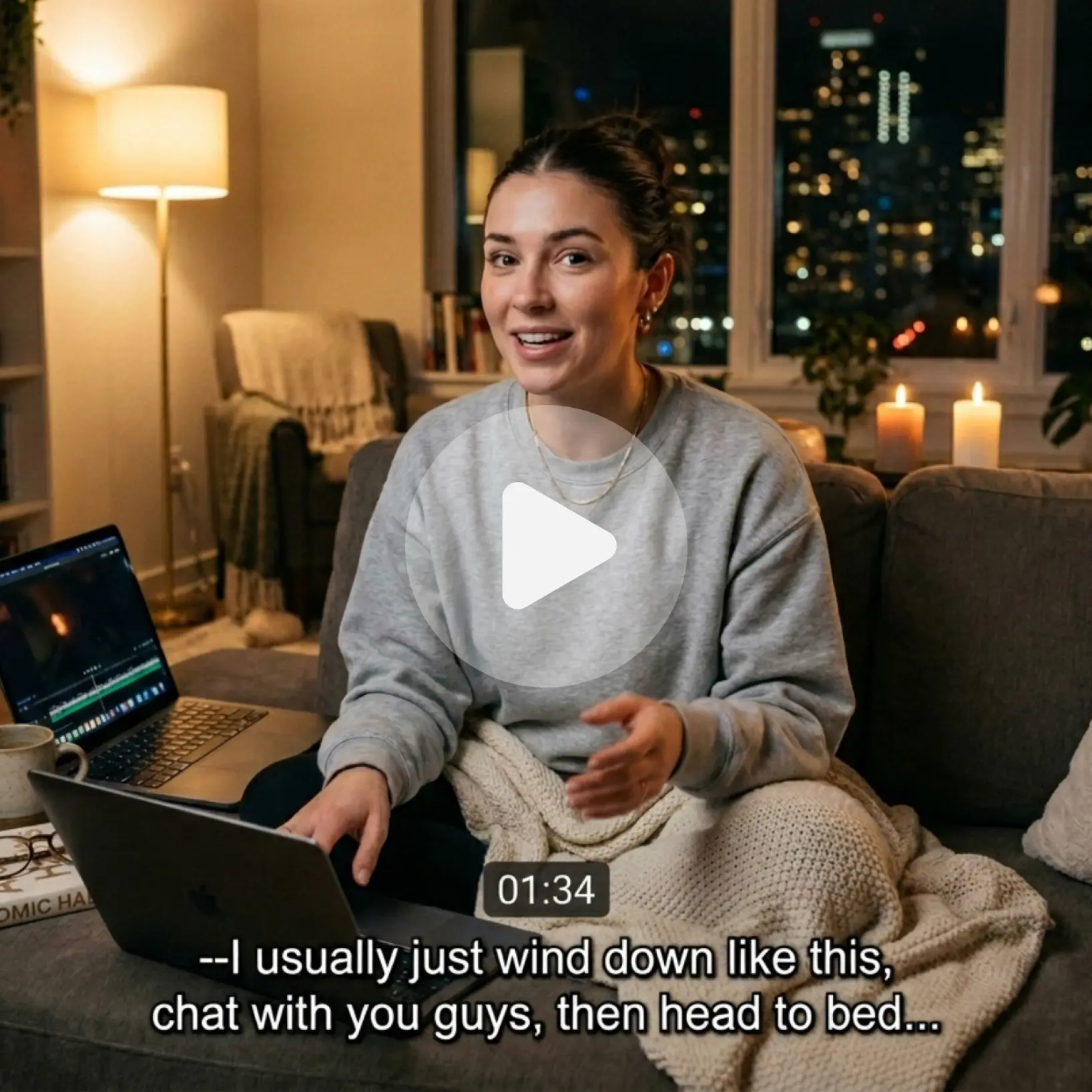 Lift AI Video Generator playing back a creator's vlog clip with auto-captions overlay Woman in grey sweater on a sofa with a laptop, play button and caption overlay on screen