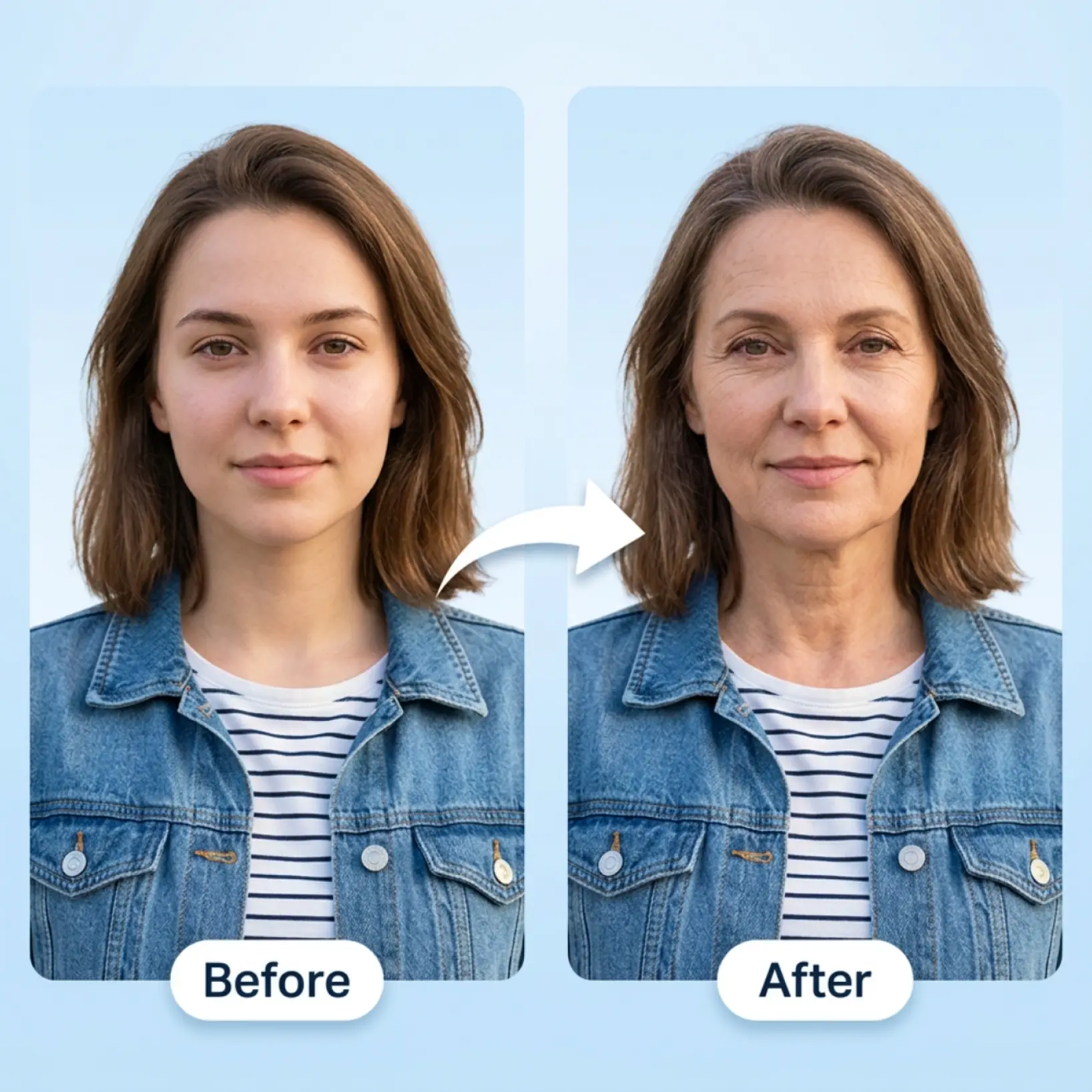 What Will I Look Like When I'm Older – Before and After AI Face Aging in Lift Before and after portrait showing a young woman and her AI-generated older face version with visible aging details using the Lift face preview tool