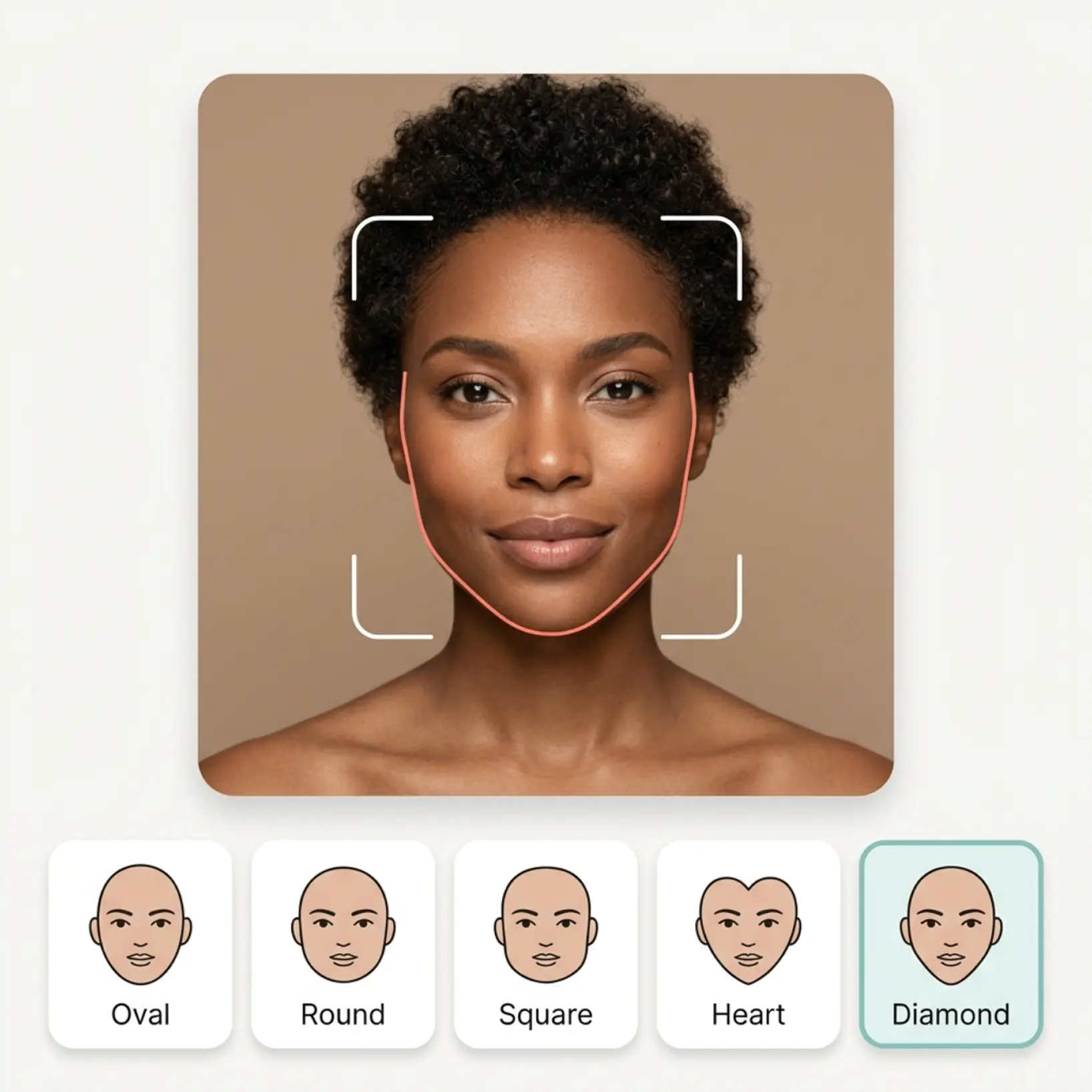 Detector de Forma Facial Lift — Forma Diamante seleccionada entre Oval, Redondo, Cuadrado, Corazón y Diamante Retrato de una mujer con la forma facial Diamante seleccionada entre Oval, Redonda, Cuadrada, Corazón y Diamante