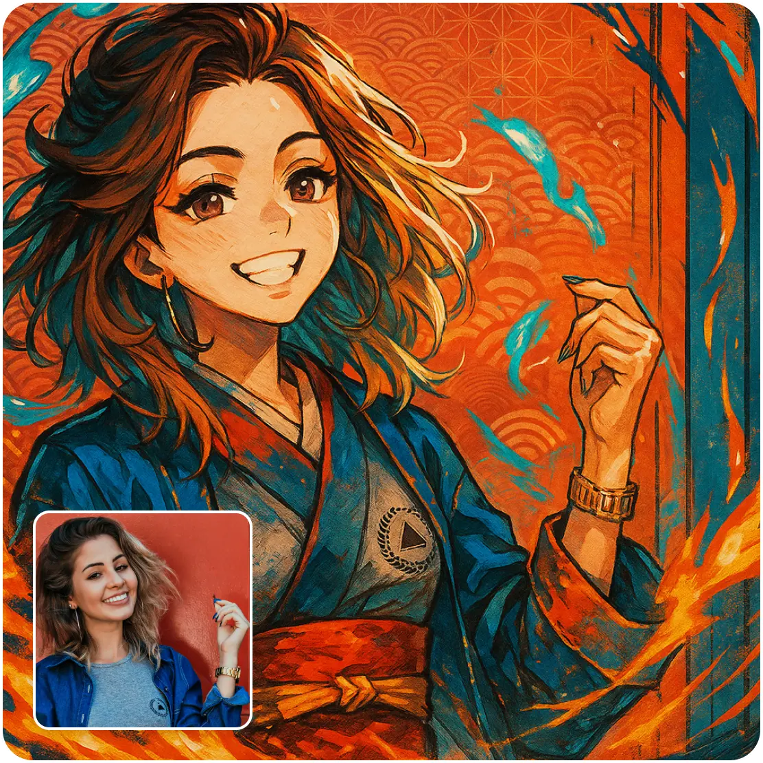 Anime transformation with kimono and flames Smiling anime girl in blue and red kimono