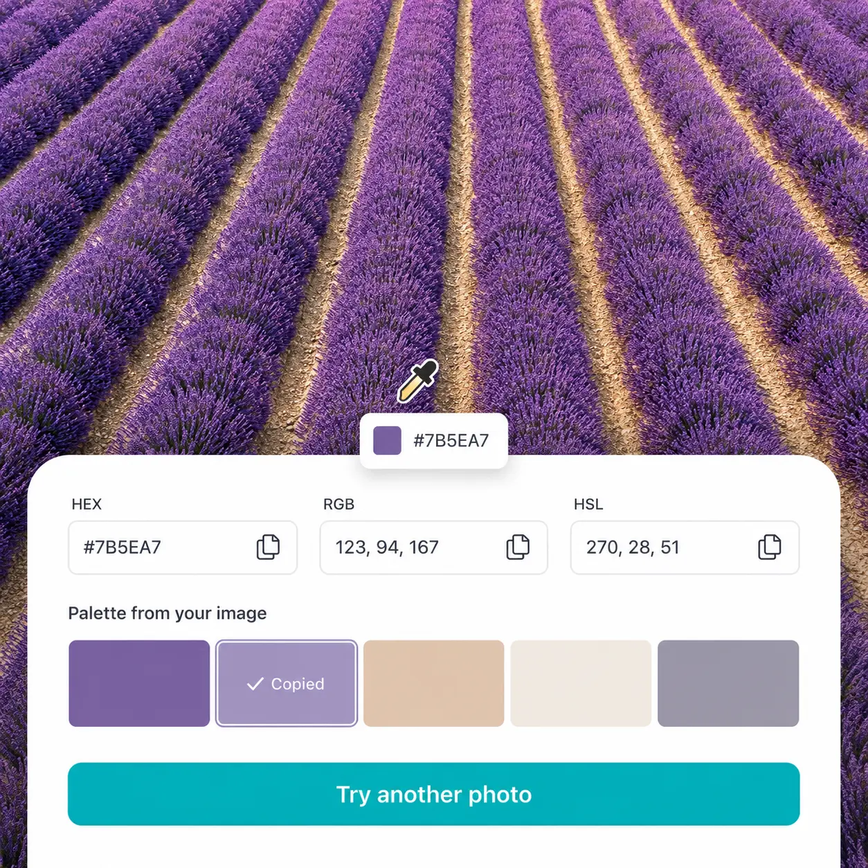 Color picker from image on a lavender field showing HEX code #7B5EA7 and an extracted purple-beige palette