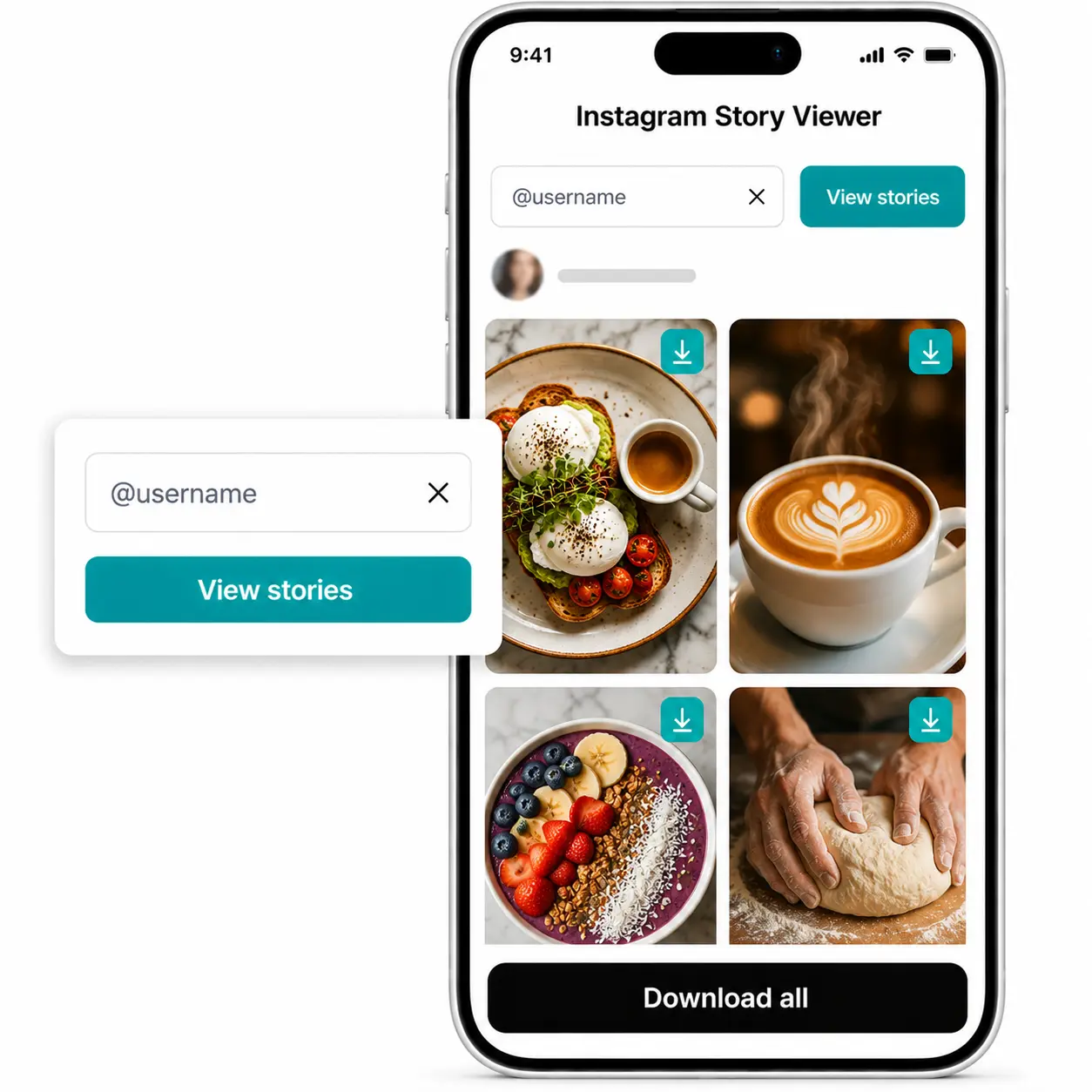 Phone screen with the Lift story viewer for Instagram grid of four food story previews and Download all.