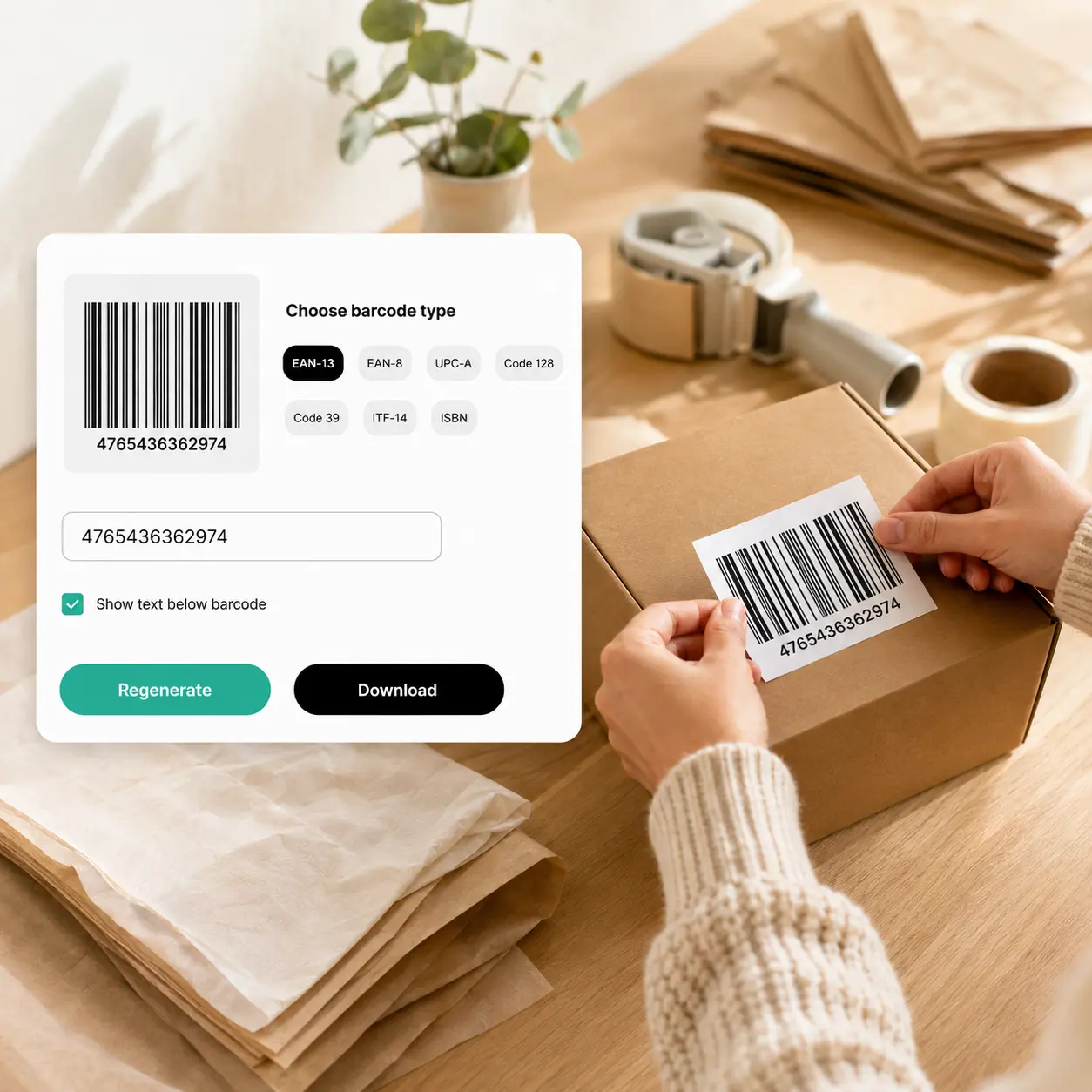 Codes-barres créés avec le générateur de code-barres Lift sur des emballages et des étiquettes de produits