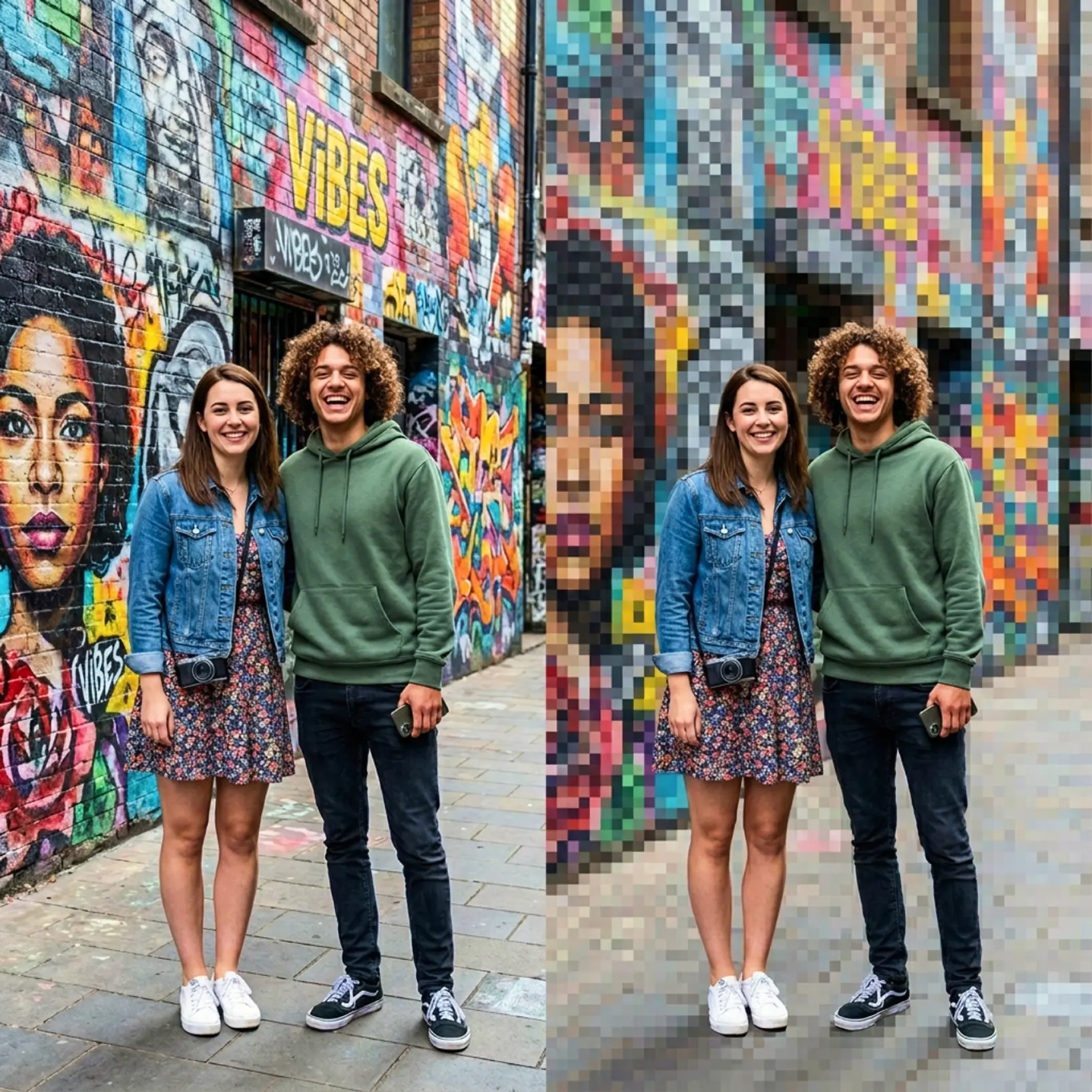 Pixelizar fundo ocupado para destacar sujeitos em fotos online Foto de casal antes e depois com fundo de grafite pixelizado para reduzir distracao