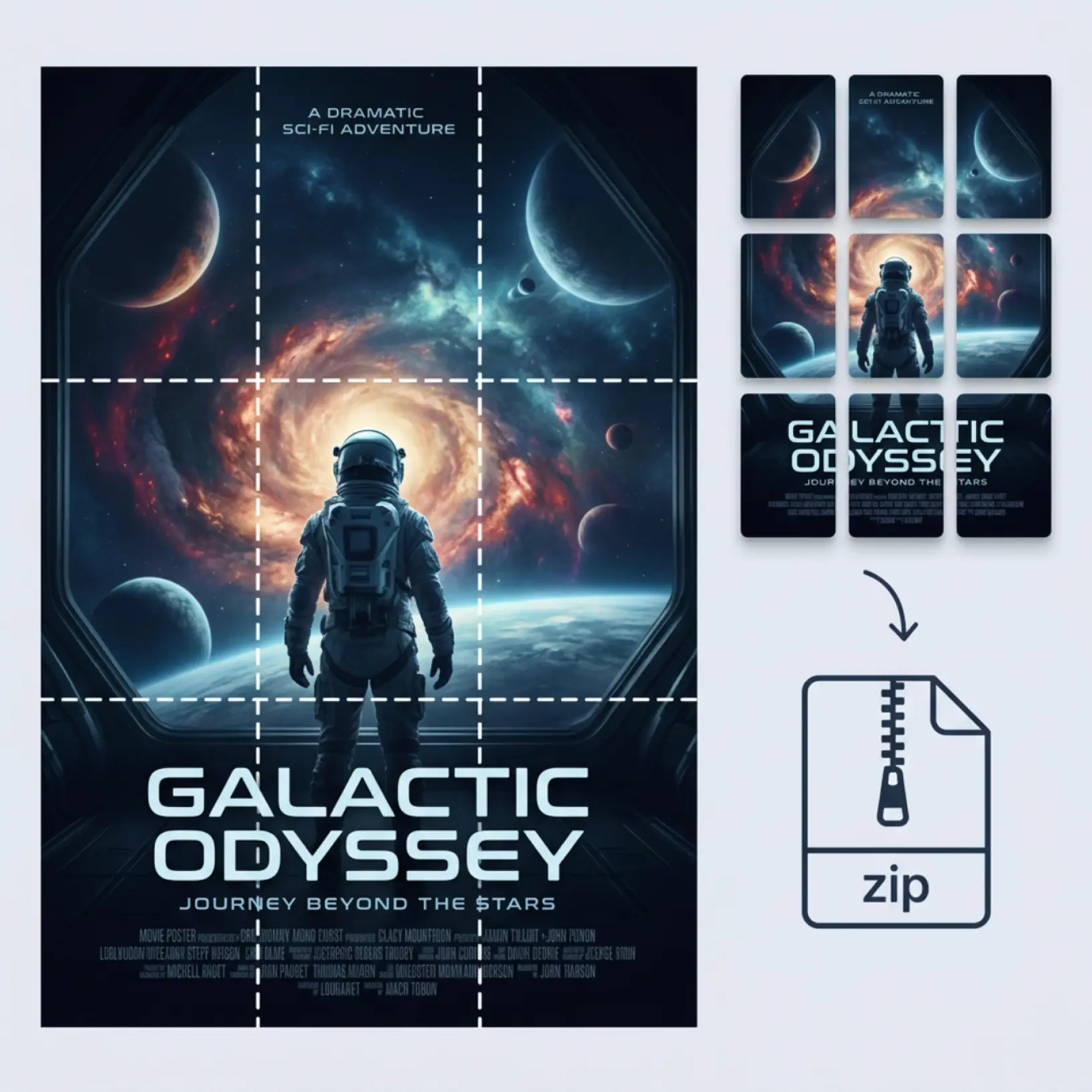 Grid Maker for Instagram — Movie poster divided into 9 equal grid tiles in Lift with a ZIP download arrow showing the export result