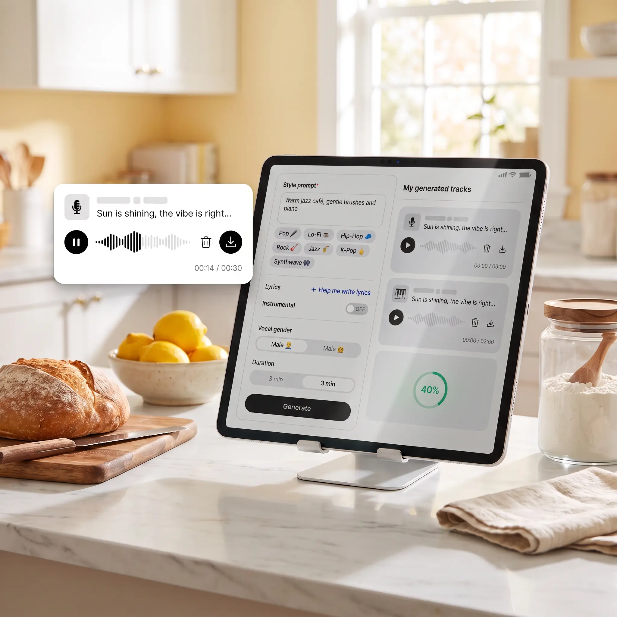 Tablet showing generated tracks from Lift's AI music creator, with one track playing and ready to download