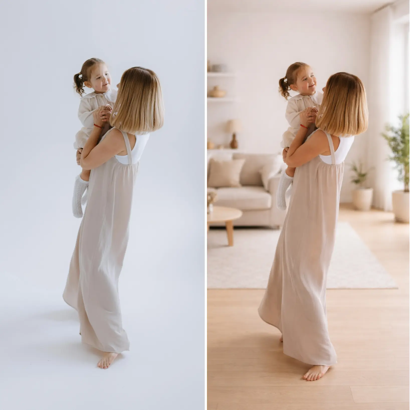 Before-and-after comparison of a photo with a replaced background.