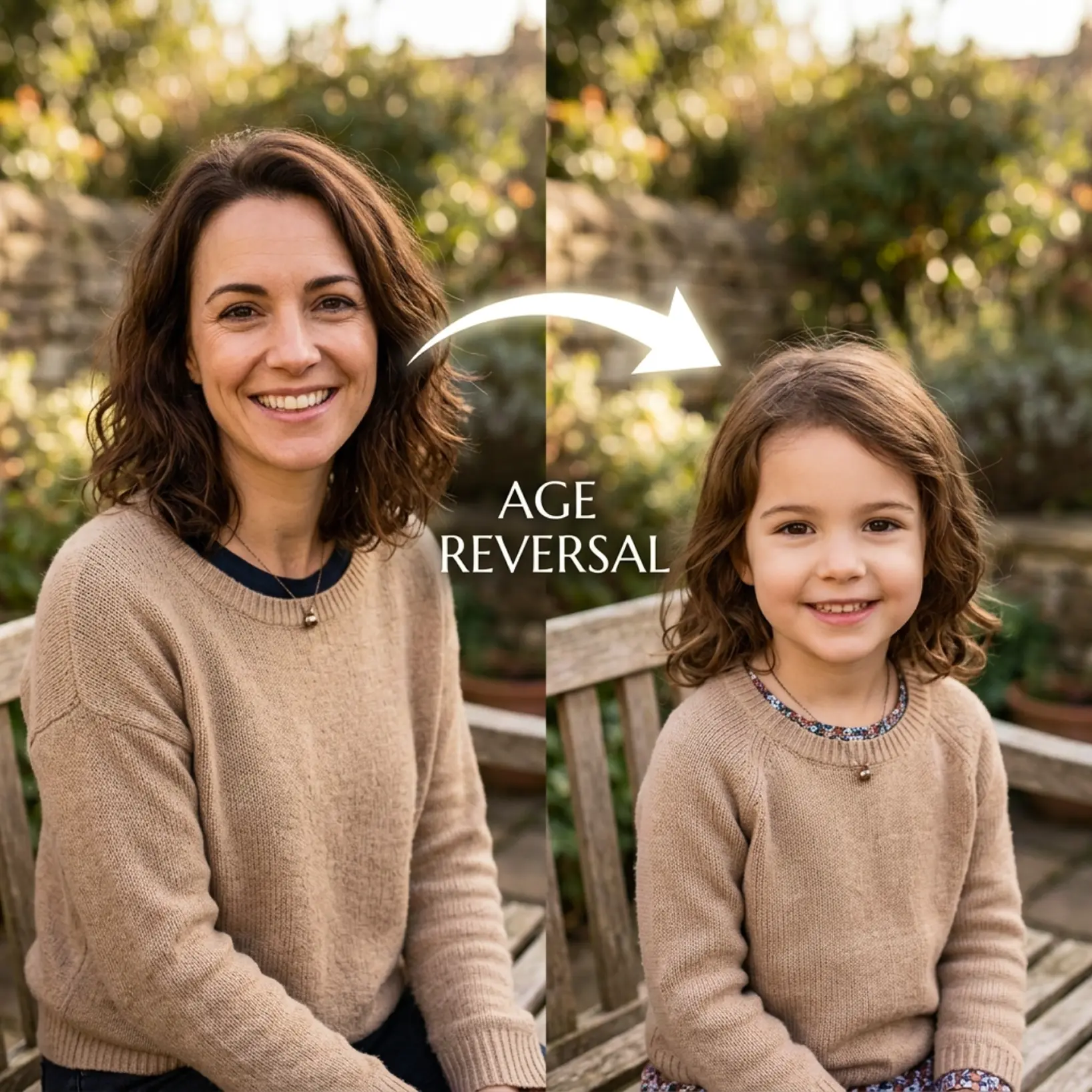 Before and after comparison showing AI age reversal in Lift, transforming an adult woman into a young child version of the same person