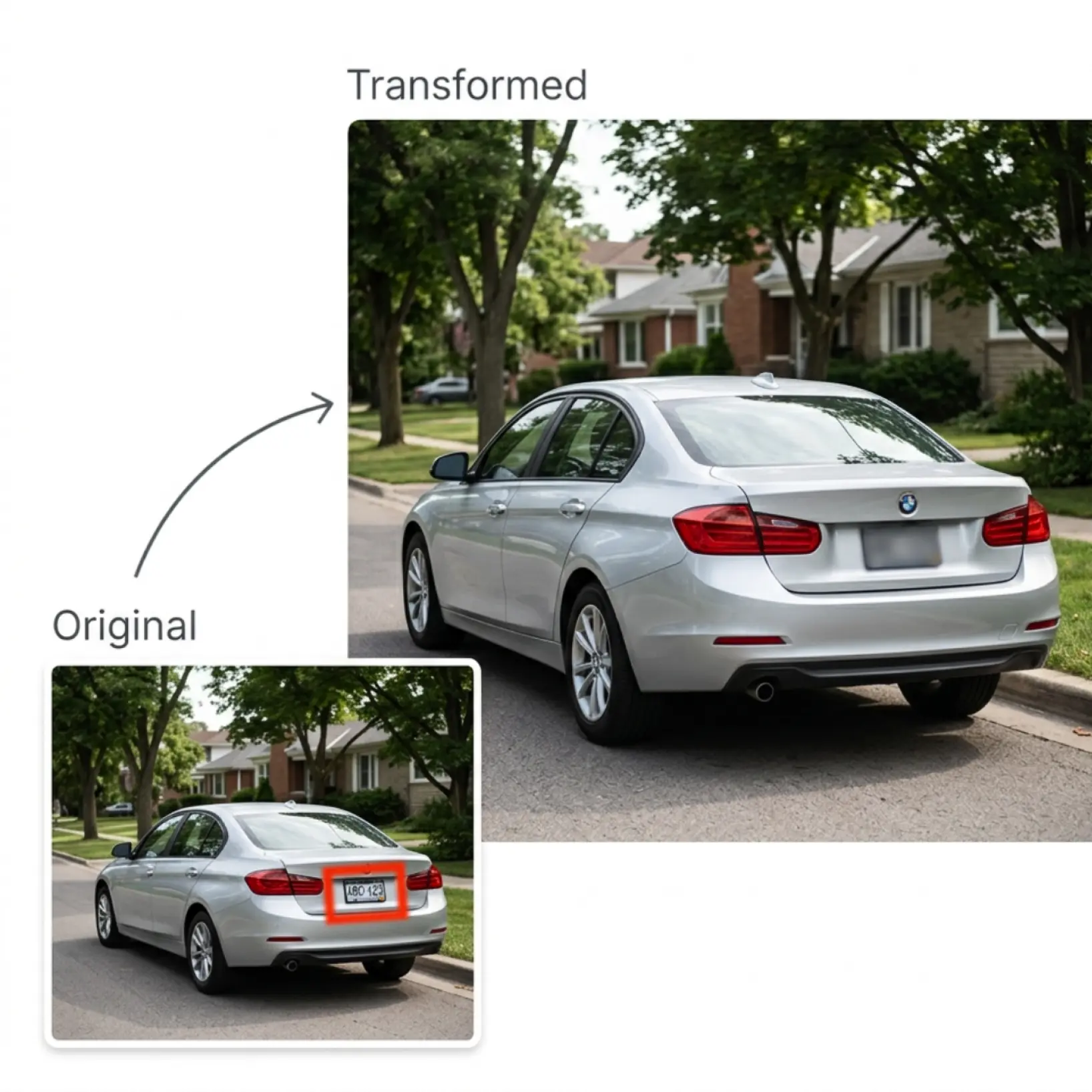 Blur license plate in photo online to protect sensitive information Before and after image of a car with license plate blurred using an online blur image tool to hide sensitive information and protect privacy