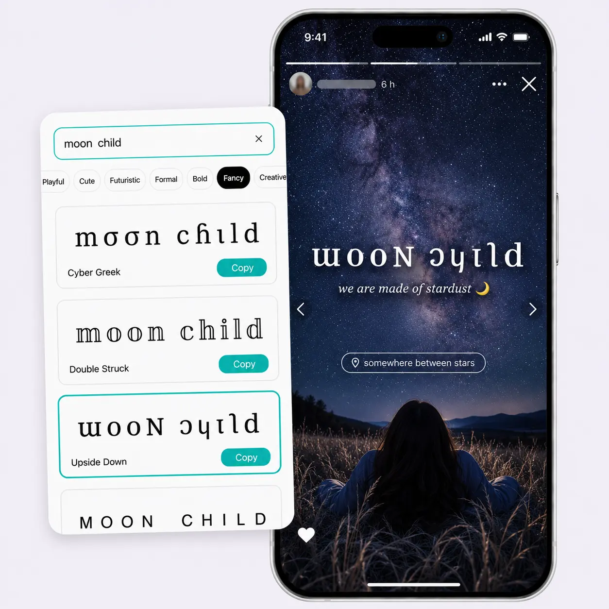 Lift font generator showing upside down font style for moon child pasted into a starry night Instagram story