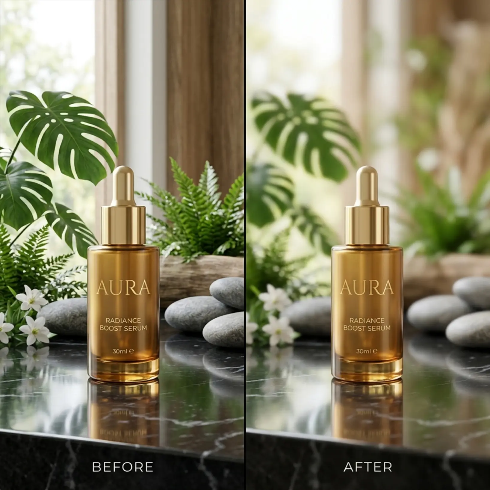 Before and after comparison of a skincare product photo with background blur applied to remove distractions and enhance product focus using Lift online blur image tool