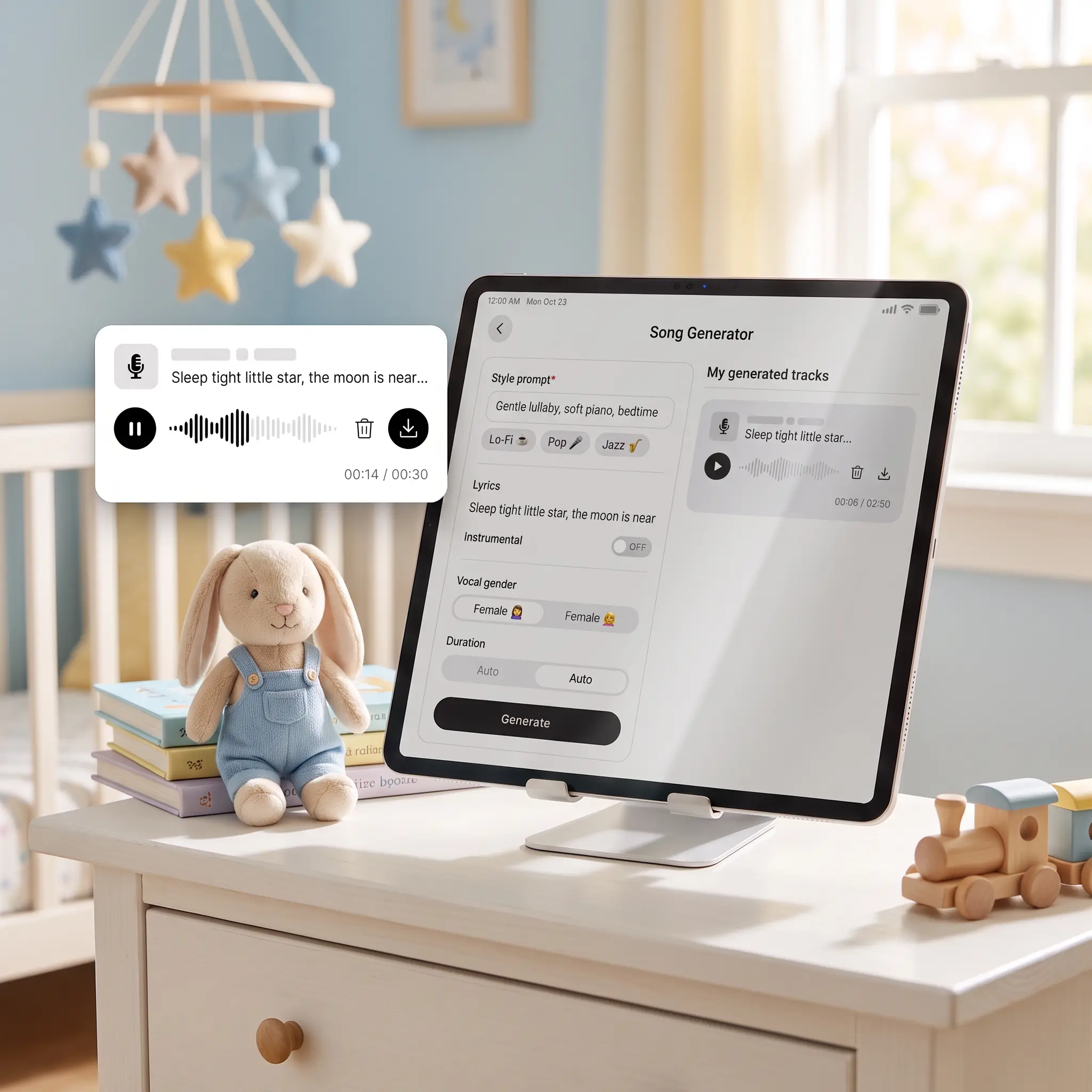 Tablet in a nursery playing a personalized lullaby from the Lift AI song generator, ready to download