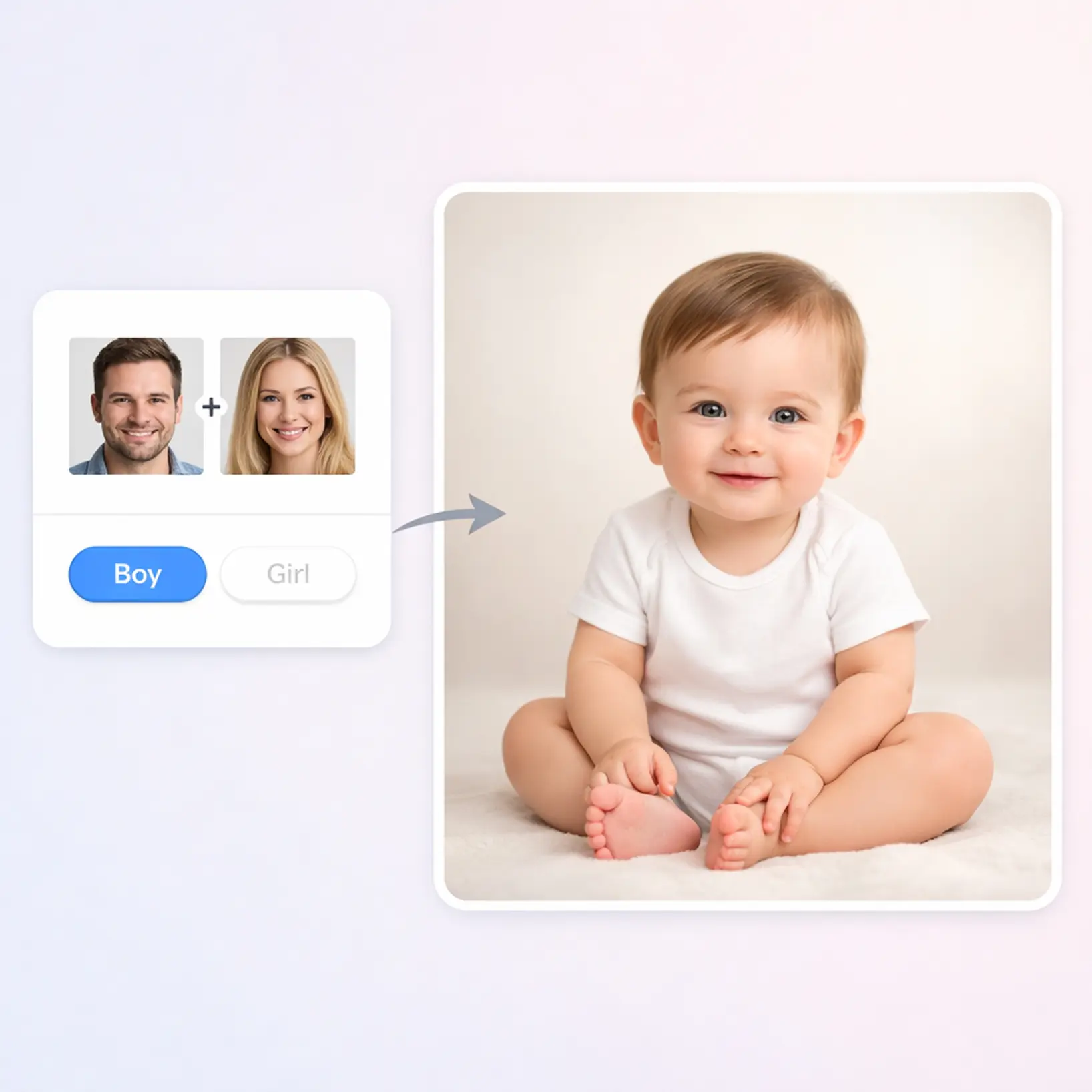 Interface of baby face generator showing two parent photos, gender selection options, and resulting AI-generated baby portrait