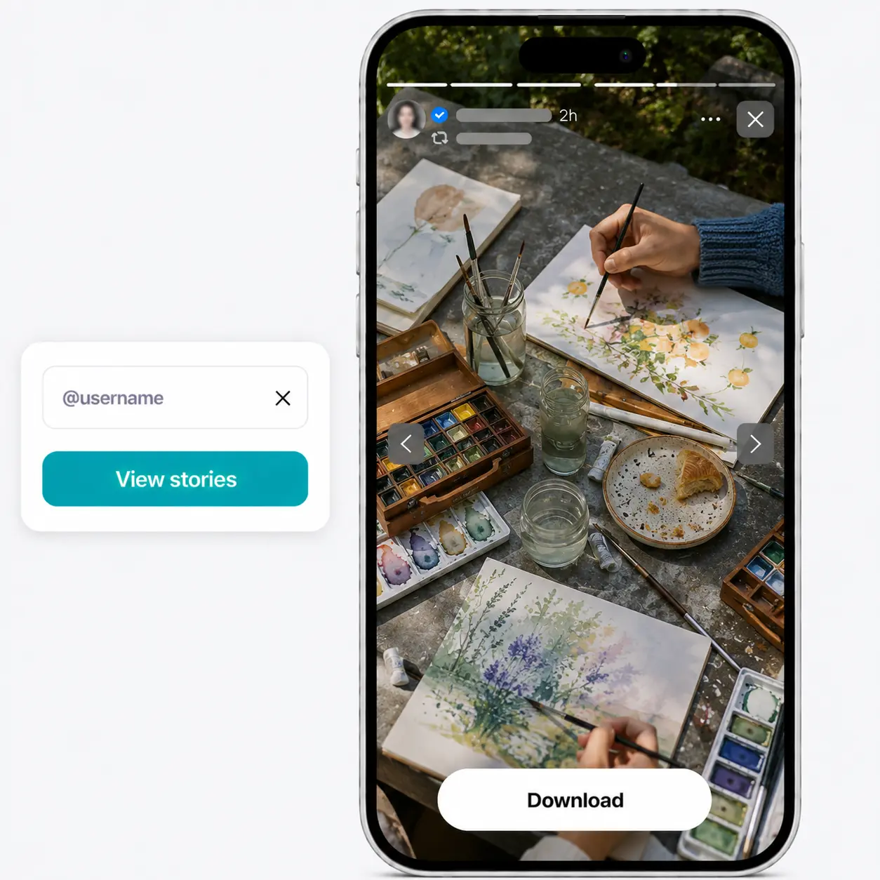 Mobile phone playing a watercolor painting workspace story from Instagram in fullscreen with username field and download button.