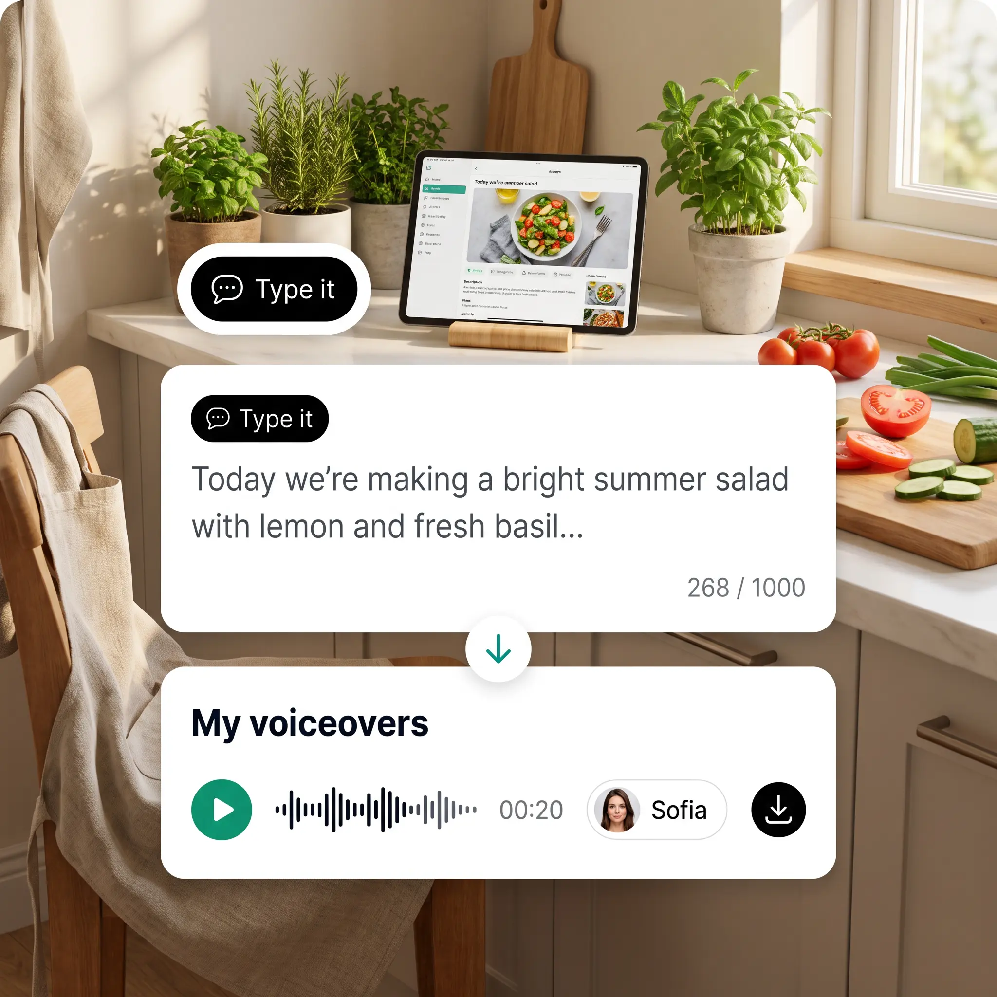 Kitchen counter with a recipe tablet, typed salad script, and a finished text to speech voiceover playing