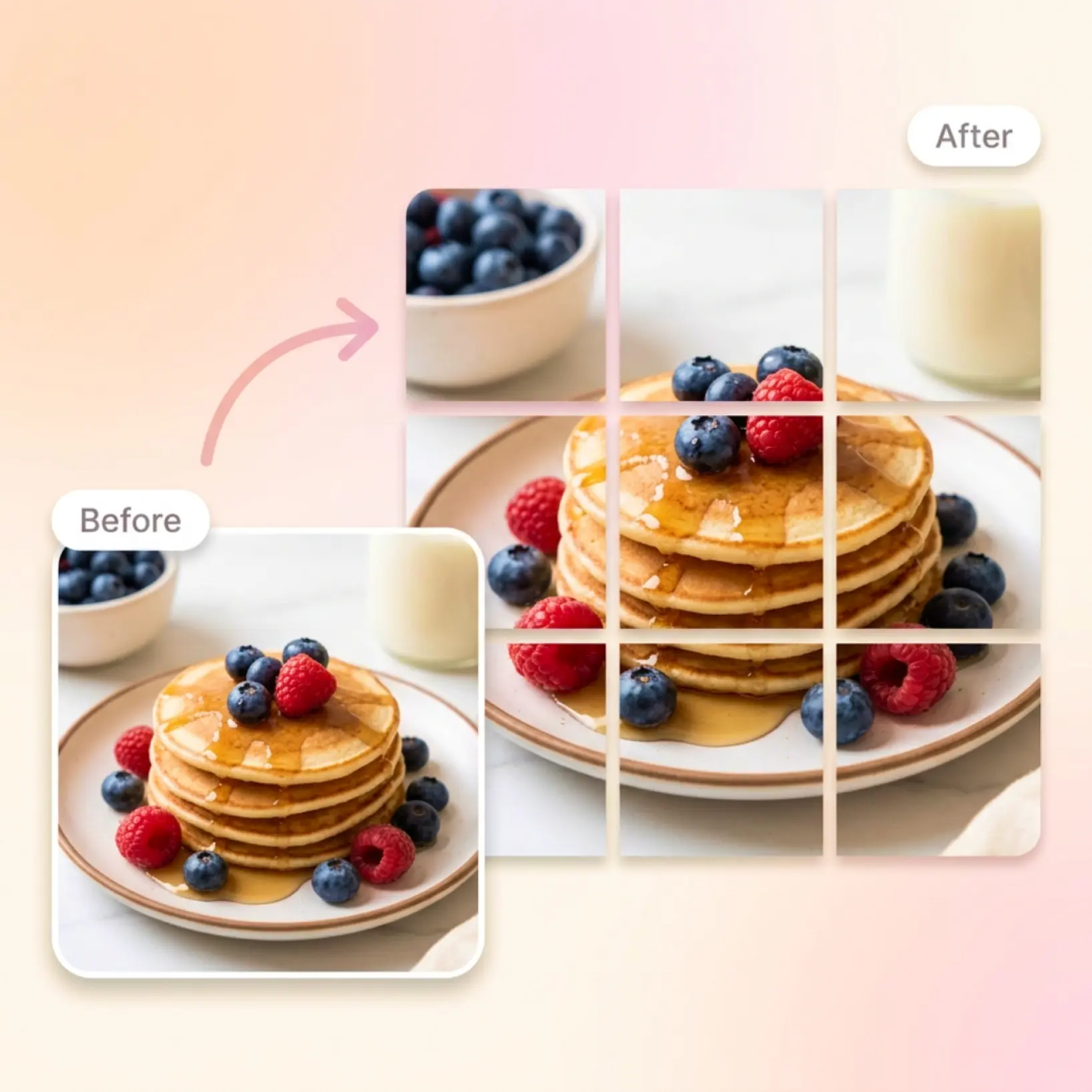 Lift Instagram Photo Split — pancakes image split into 3×3 grid with Before and After labels indicating the Photo Splitter output in Lift