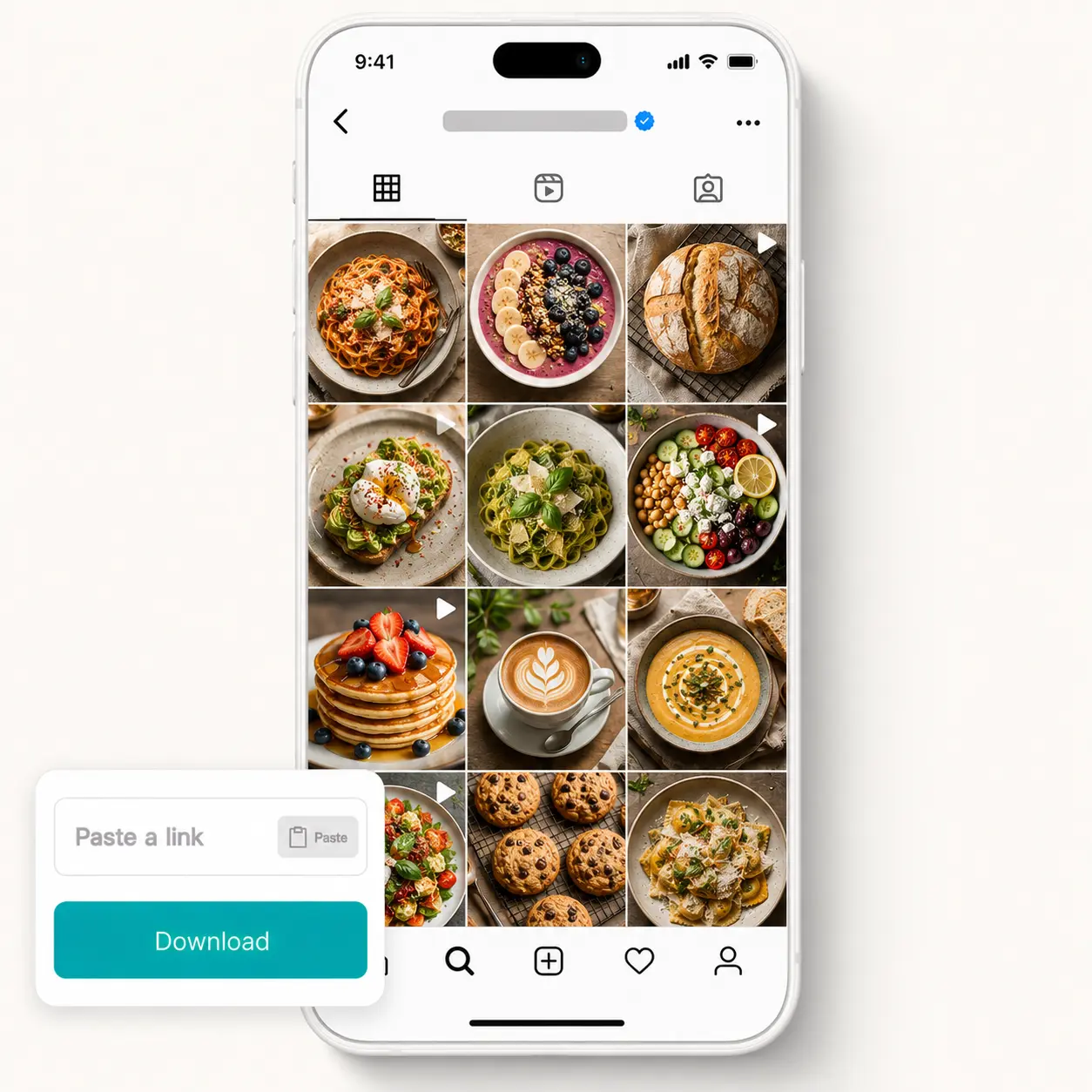 Lift Instagram photo downloader saves food posts from a chef profile grid to a phone gallery Phone displays an Instagram food profile grid with pasta, smoothie bowls, bread, and pancakes beside the Lift module