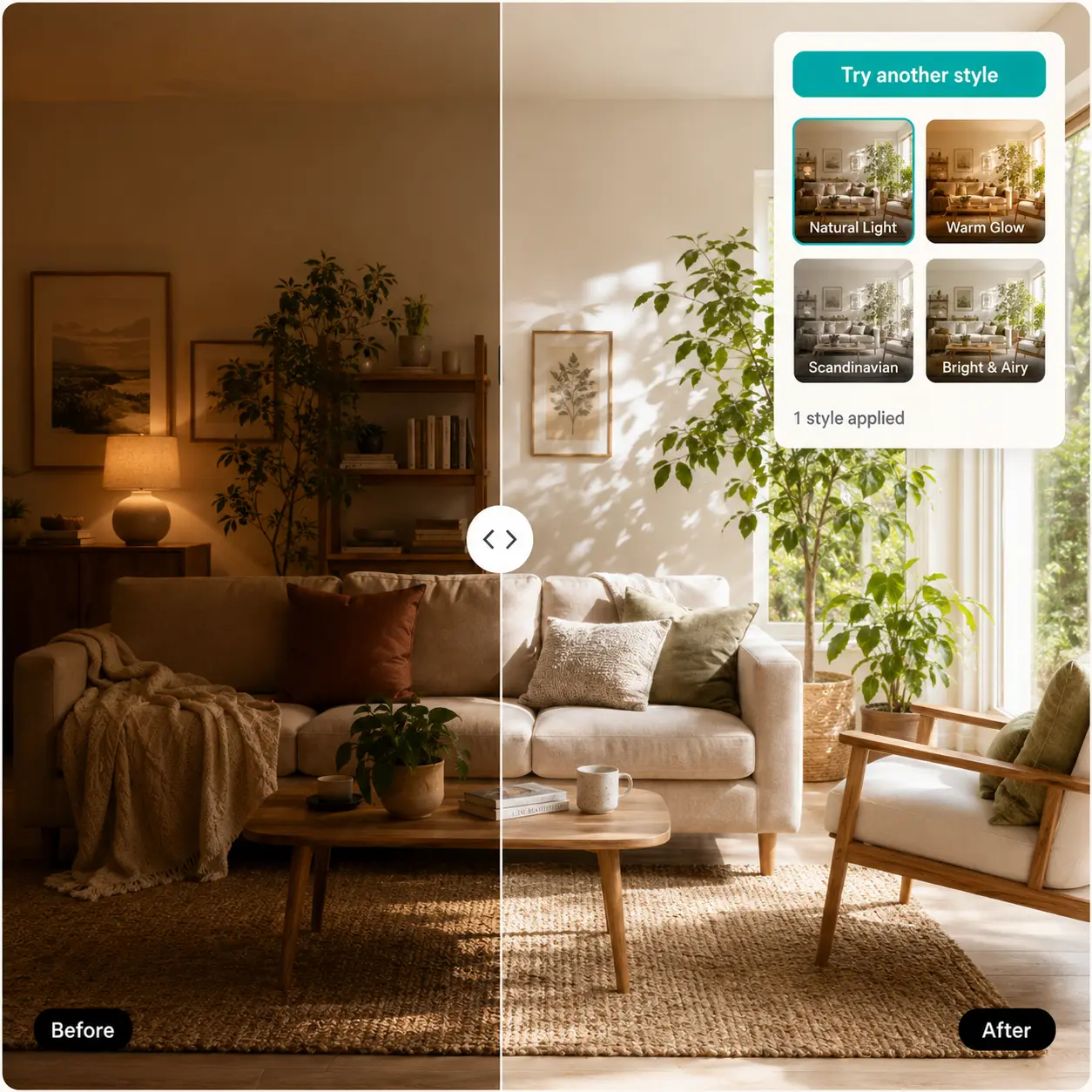 Before and after of a living room, dim evening light relit into a bright, sunlit space.