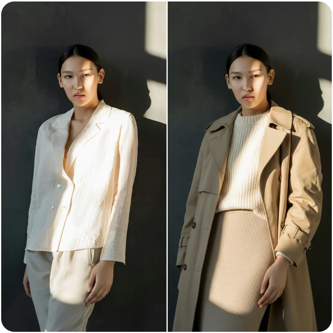Woman in minimal beige outfits under soft shadow lighting