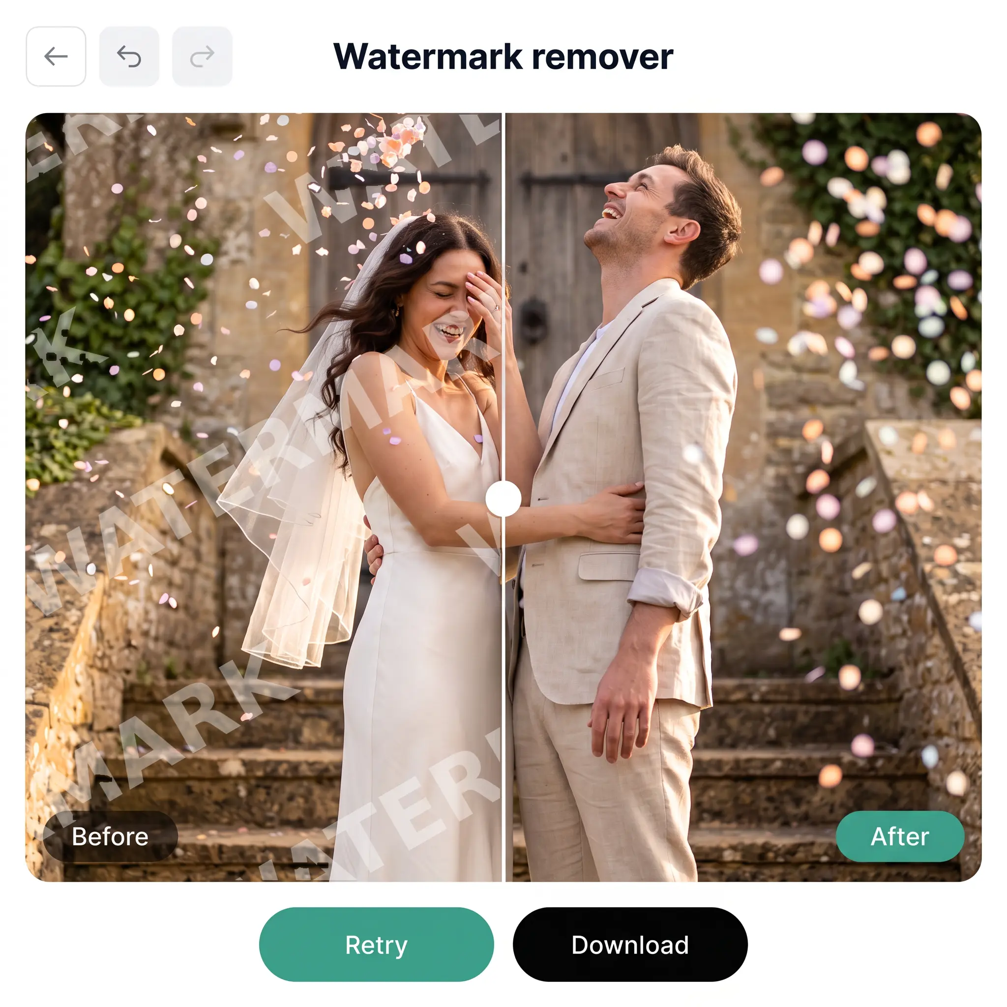 Photo with a watermark next to the same photo after Lift's watermark remover tool cleaned it