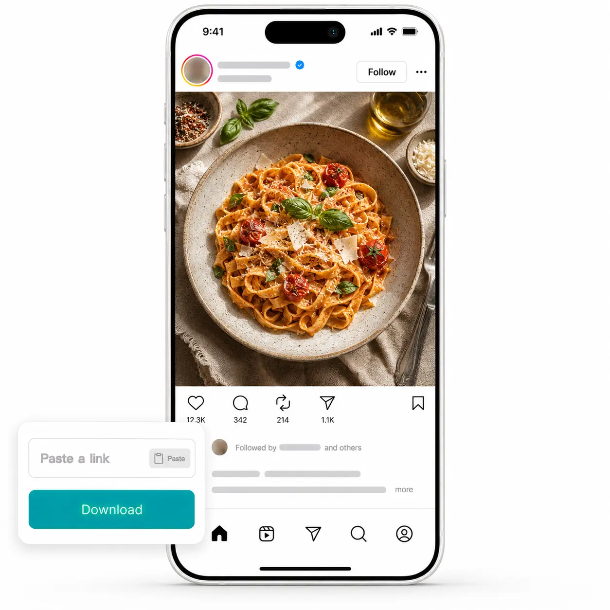 Phone shows a single Instagram post of pasta with parmesan and basil beside the Lift download module