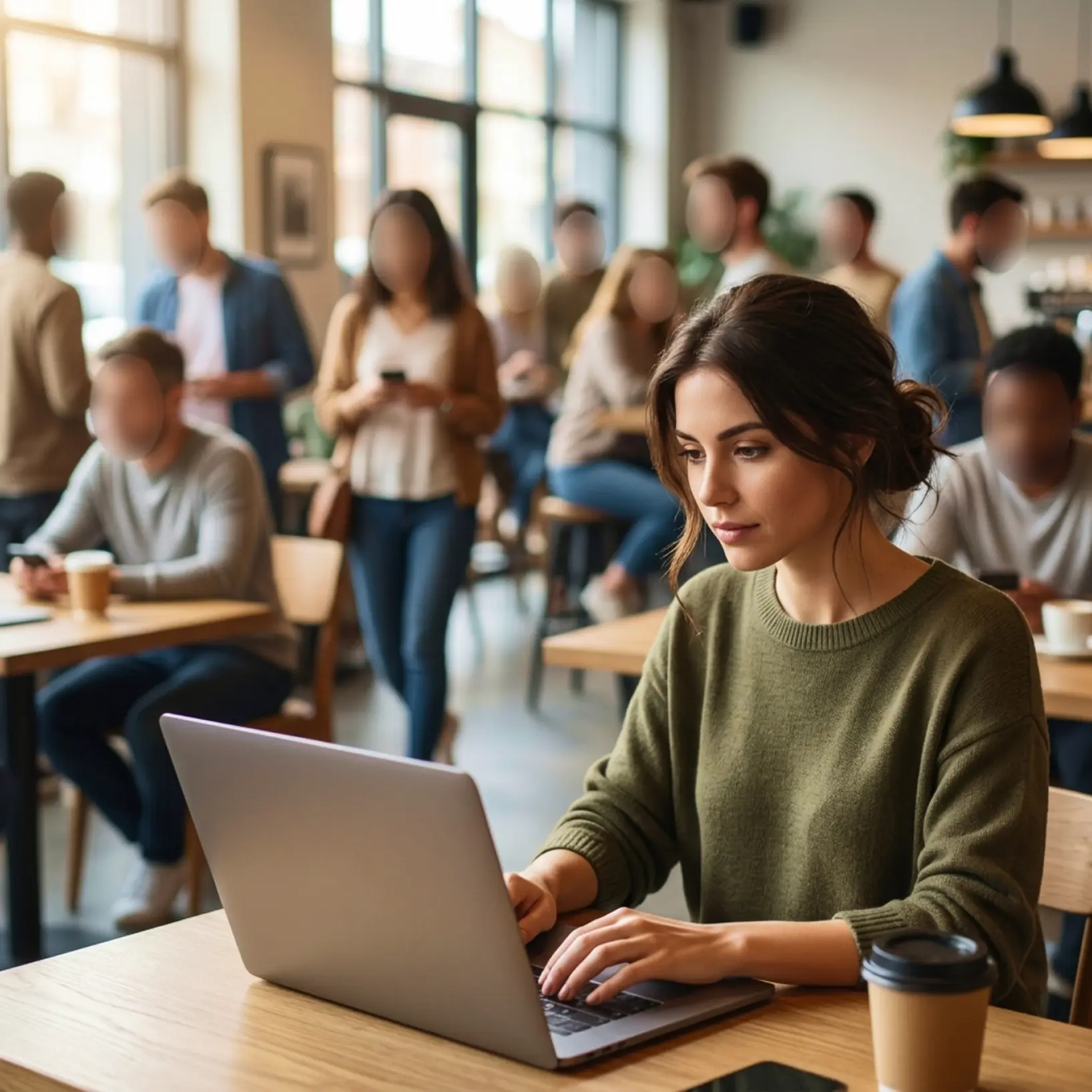 Woman working on a laptop in a cafe with blurred background people, demonstrating how an online blur image tool helps highlight the main subject and reduce distractions