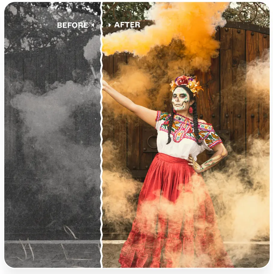 Black and white portrait of a woman with smoke is colorized and enhanced.