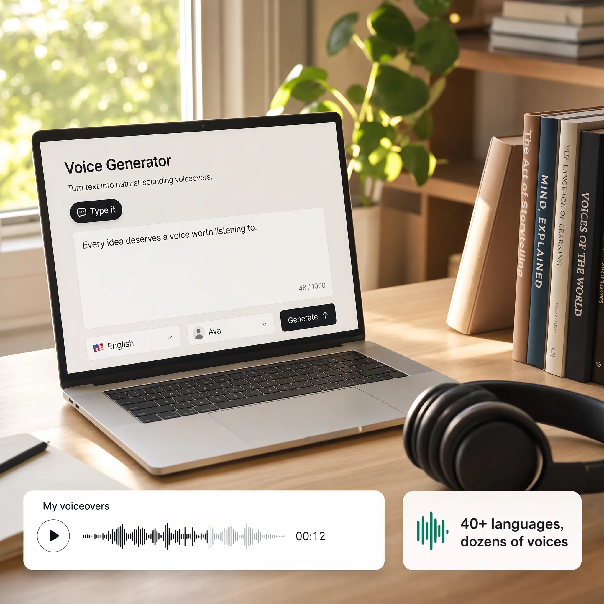 Laptop with a voice AI tool on screen, a played voiceover, headphones, and books on a sunny desk