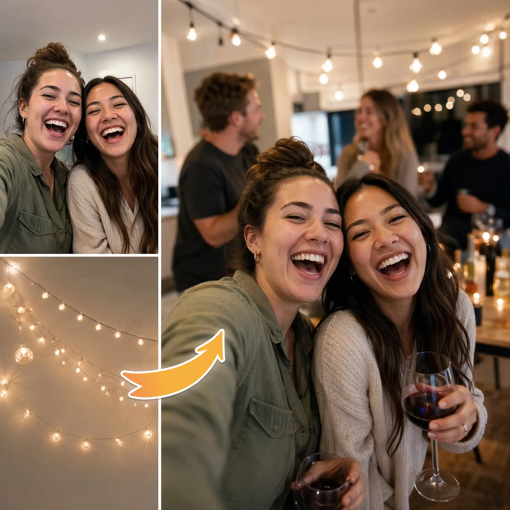 Lift AI Image Combiner blending a selfie of two friends with a string-lights photo into a candid party setting
