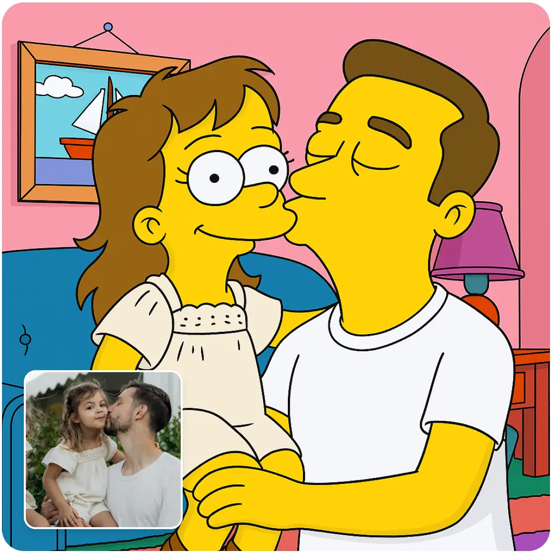 Simpsons-style dad kissing daughter on the cheek