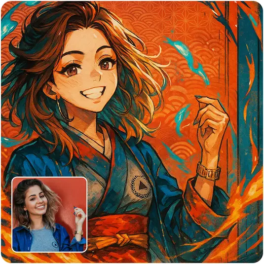 Smiling anime girl in blue and red kimono