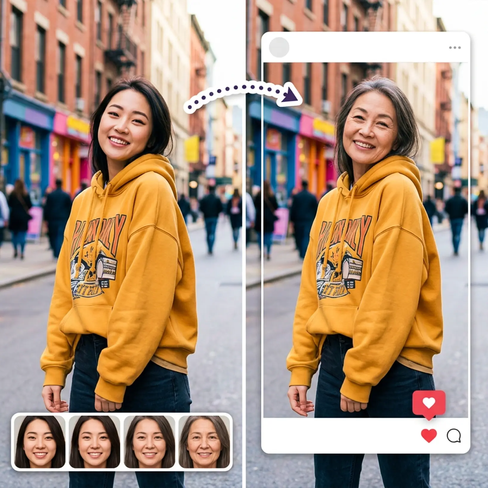 AI age progression comparison of a young woman aged to an older version, displayed in a social media post format with multiple age stage thumbnails in Lift
