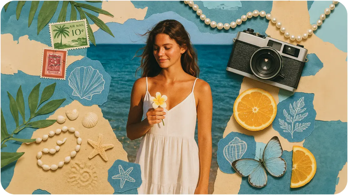 Woman on beach with travel collage elements