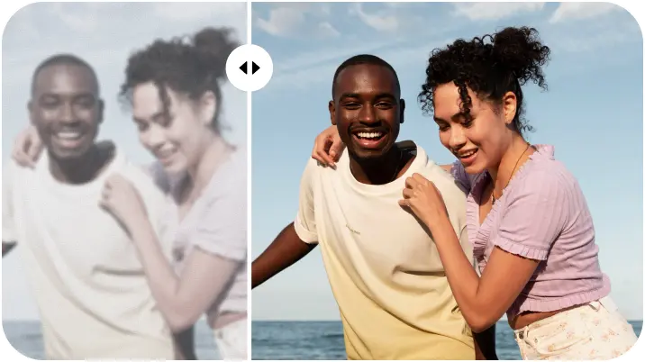 Before and after image enhancement of couple by the sea