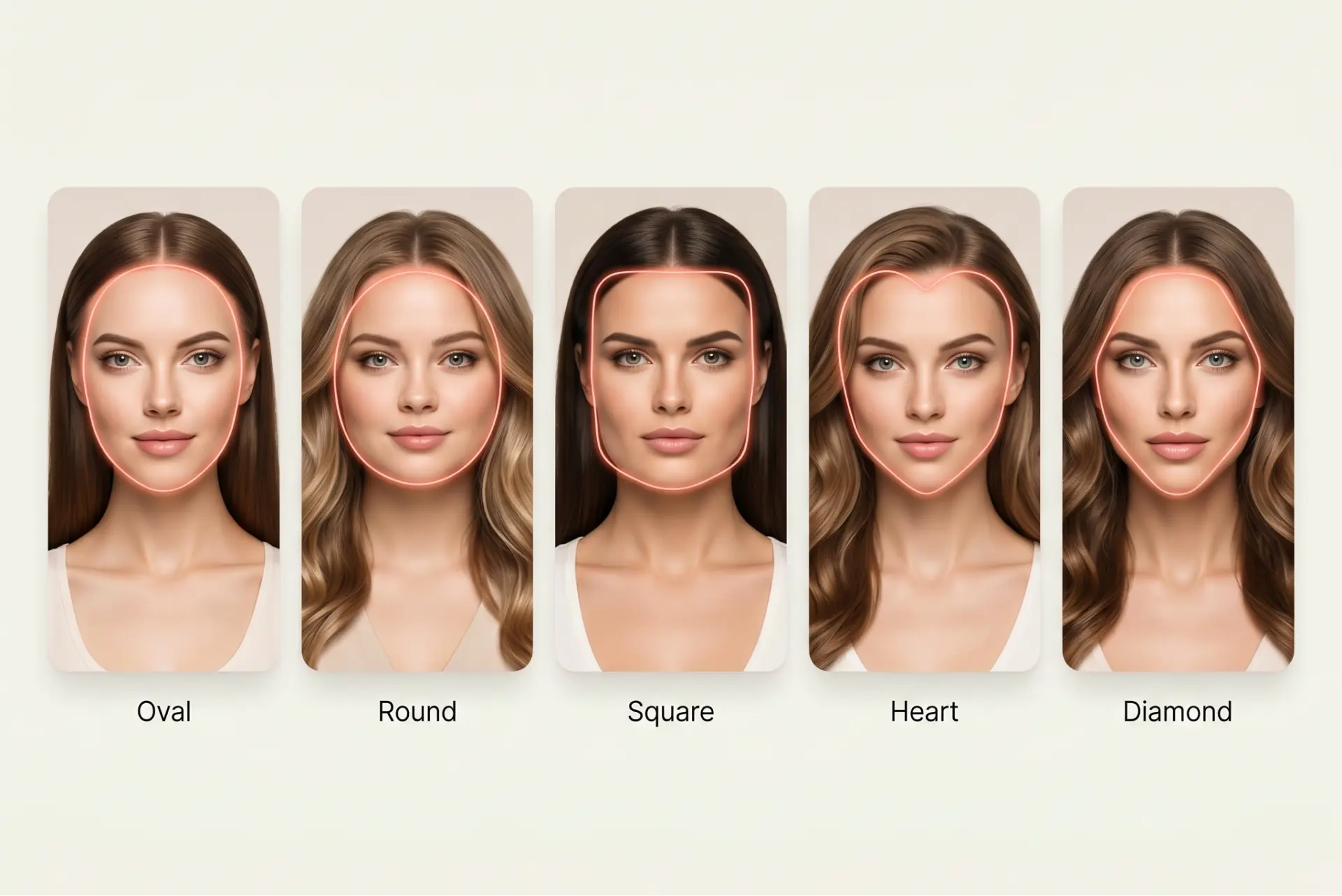 Detector de Forma Facial Lift — cinco categorías de forma facial con ejemplos Oval, Redondo, Cuadrado, Corazón y Diamante Retratos lado a lado de cinco mujeres mostrando formas faciales Oval, Redonda, Cuadrada, Corazón y Diamante