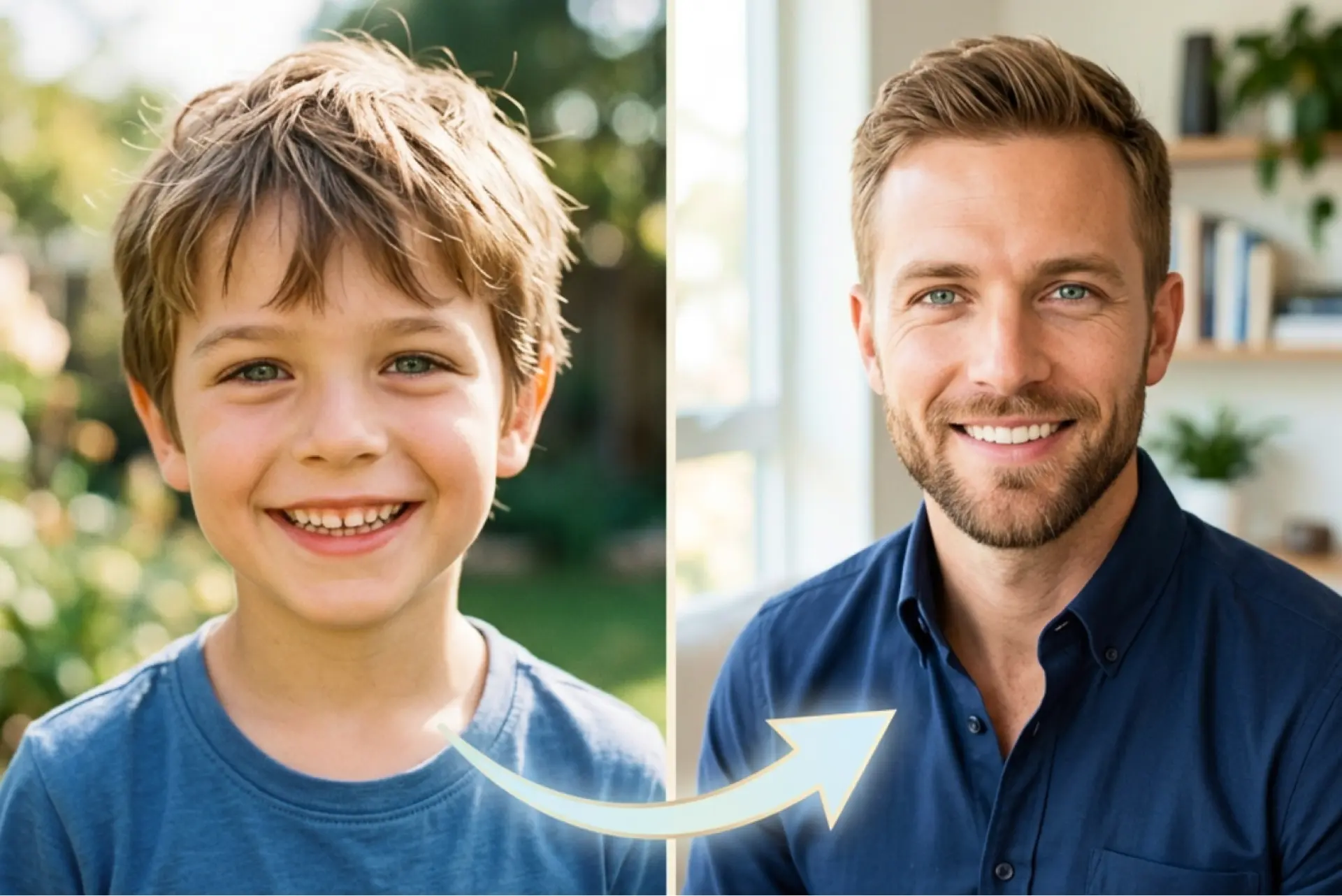 What Will I Look Like When I'm Older – Boy to Adult Man Face Preview in Lift Side-by-side comparison showing a smiling boy and his AI-generated adult face using the Lift age progression tool