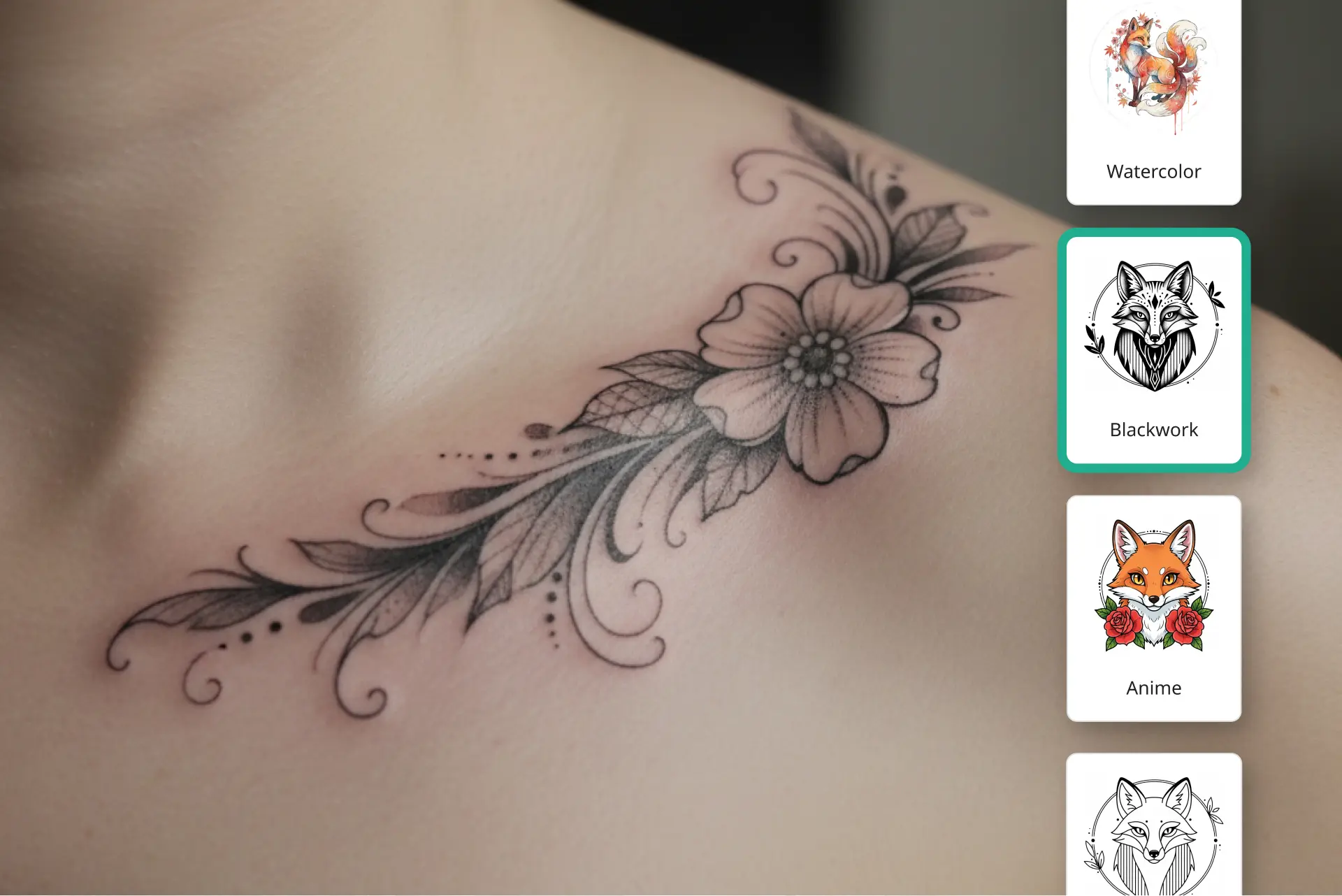 Example of AI tattoo generator creating custom tattoo design with style selection and body placement preview