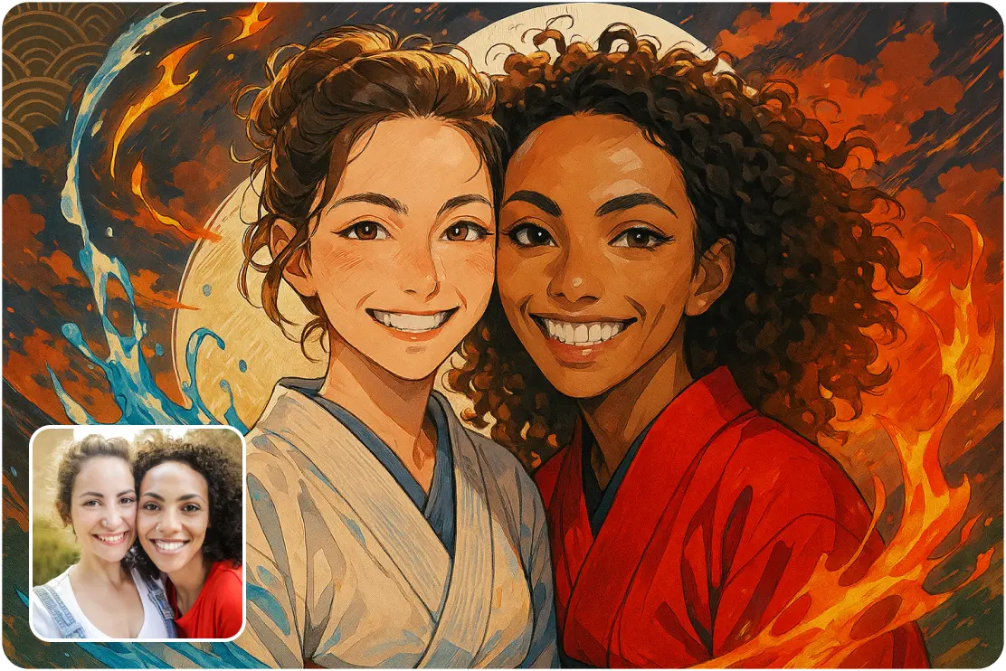 Anime transformation of two best friends with water and fire motifs Anime-style portrait of two smiling women representing water and fire elements